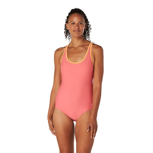 Speedo Women's Standard Swimsuit One Piece Contrast Binding High Cut, Sun Kissed Coral