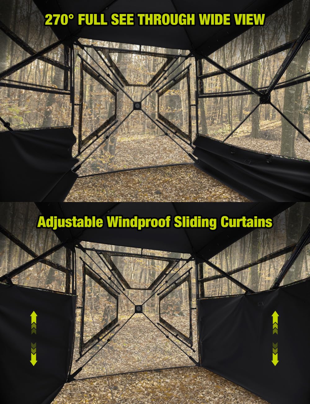 TIDEWE Hunting Blind 270°Full See Through with Windproof Curtain, Silent Magnetic Door & Sliding Windows, 2-3 Person Pop Up Ground Blind with Carrying Bag, 300D Portable Tent (FD Camo Half Seethrough)