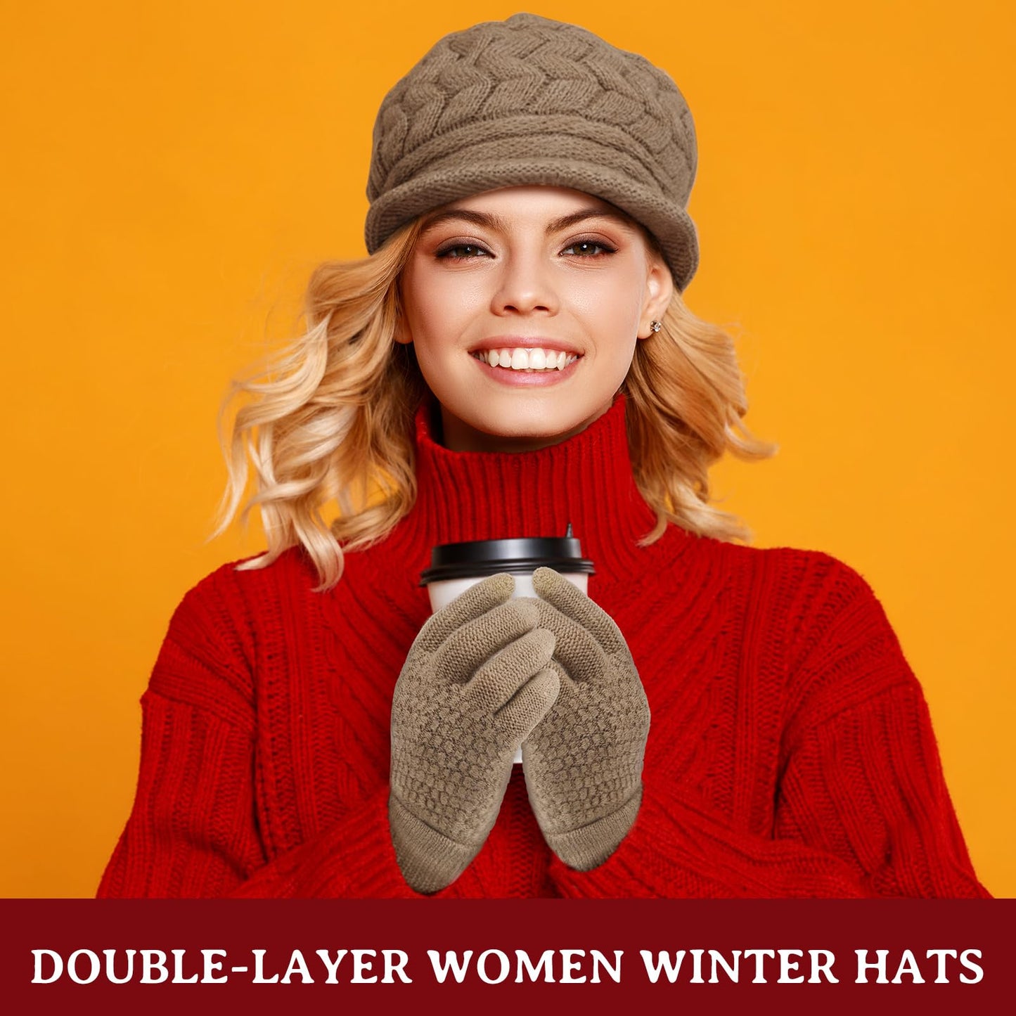 SATINIOR 4 Pieces Women Winter Hats and Gloves Set Touchscreen Gloves Warm Knitted Beanie and Mittens for Women Men(Black,Dark Khaki)