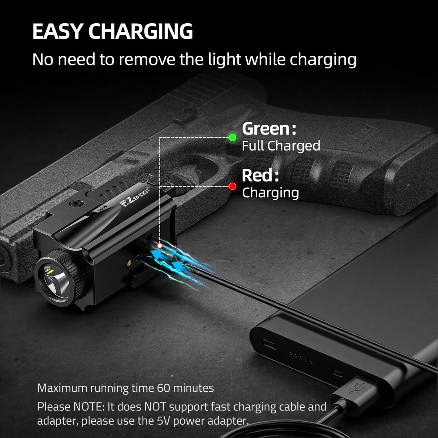 EZshoot 1000 Lumens Pistol Light Laser Combo, Rechargeable Gun Light with Green Laser Beam, Pistol Flashlight with Slid Rail Compatible with Glock and Picatinny Rail, Handgun Lights for Home Defense