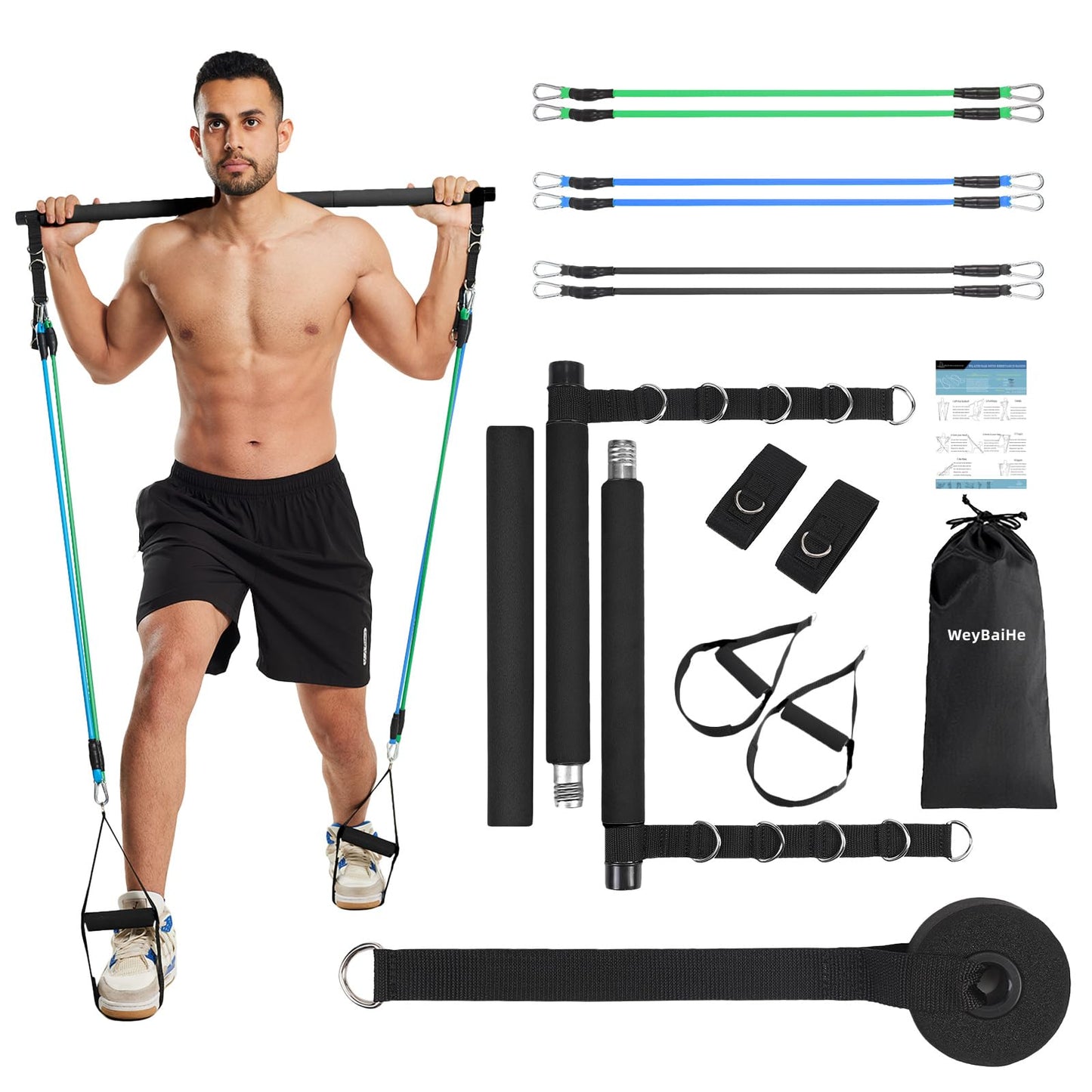 Pilates Bar Kit for Men and Women with Resistance Bands, Portable Home Gym Pilates Resistance Bar Kit, 3 Section Pilates Bar Workout Equipment with Stackable Bands-Body Toning (Black-120LBS)