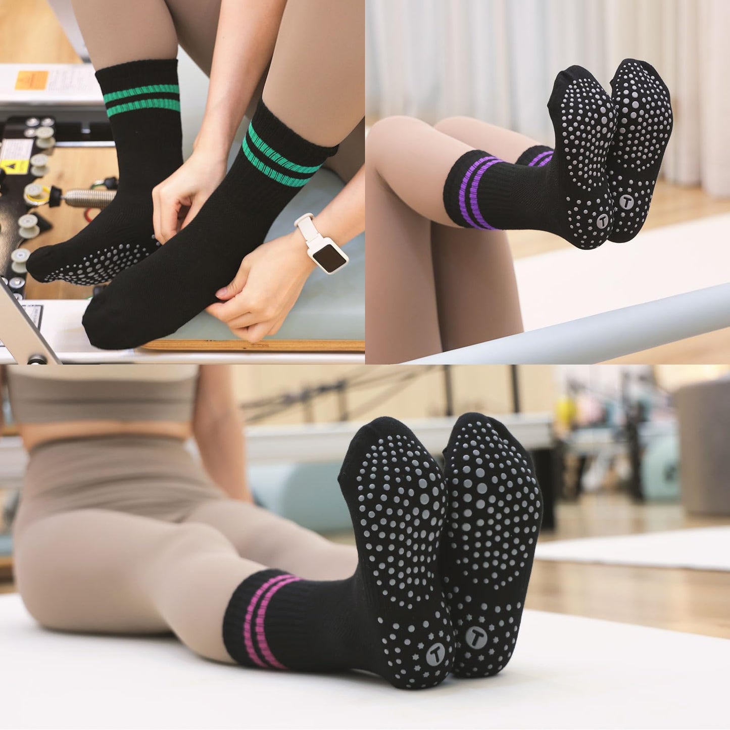 Toes Home Pilates Socks for Women with Grippers, Non Slip Yoga Crew Socks for Barre Hospital Exercise Workout Sticky Athletic Slipper Socks 4 Pairs Black