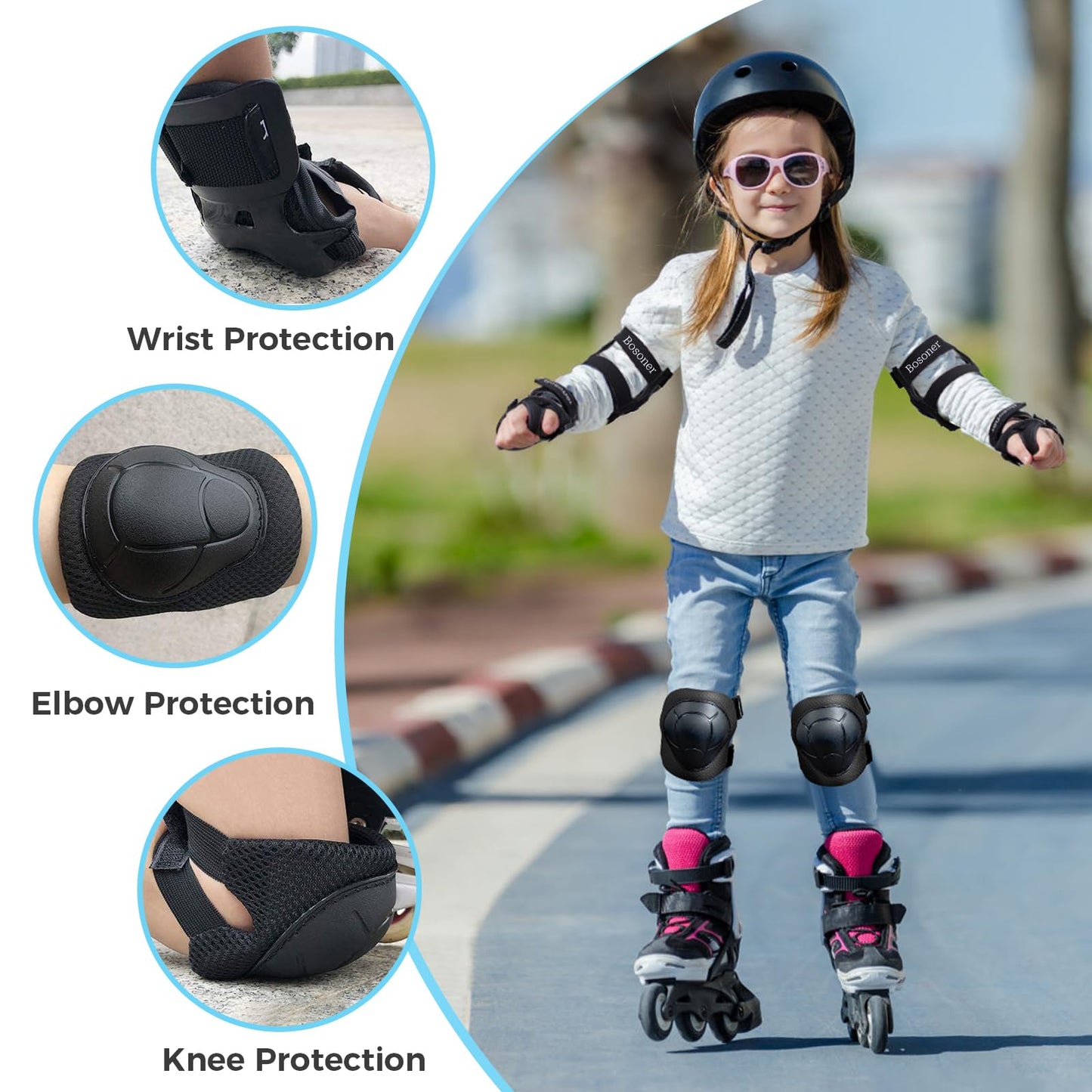 BOSONER Basic Kids Protective Gear: Kids Knee Pads and Elbow Pads with Wrist Guards Set for 3-15 Years - Design for Roller Skates, Cycling, BMX Bike, Skateboard, Inline Skating, Scooter Riding Sports