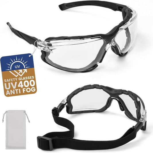 Flaya Adjustable Safety Glasses - Foam Lined, ANSI Z87.1 Anti-Fog Goggles for Men & Women | UV400 Protection