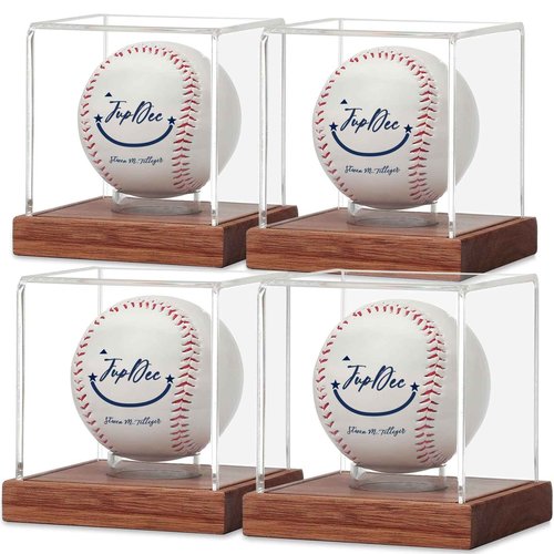 JupDec Baseball Display Case 4 Pack, Clear Cube Baseball Holder with Wooden Base, Autograph Baseball Stand Box for Single Ball, Brown