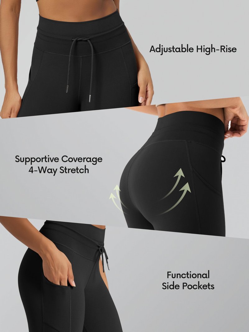 ODODOS Women's Drawstring Tie Pocket Leggings 25" Inseam 7/8 Length High Waist Workout Yoga Pants, Black, Small