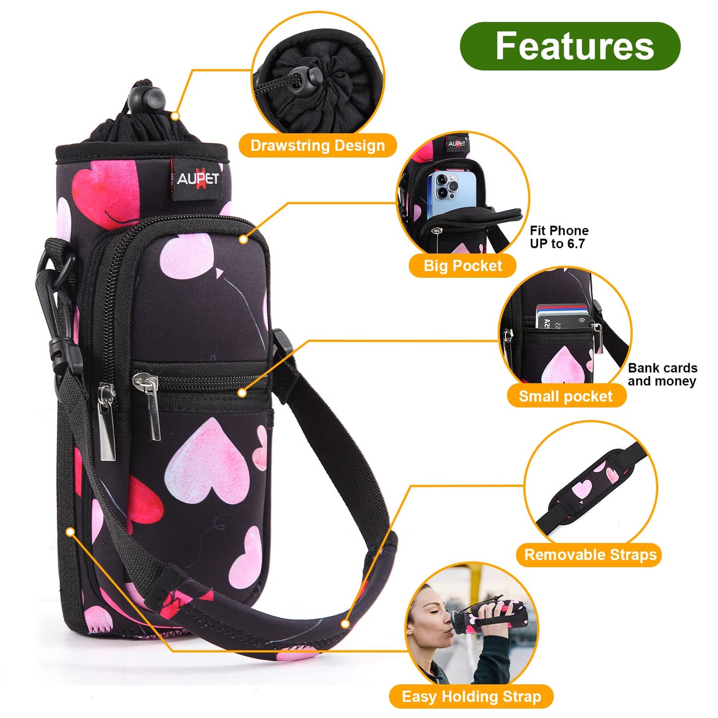 AUPET Water Bottle Sling Bag Sleeve Holder Carrier 25/32/40/64 oz,Insulated Crossbody Water Bottle Case Cover with Strap and Pockets for Men/Women Walking Hiking Camping (40oz, pink heart)