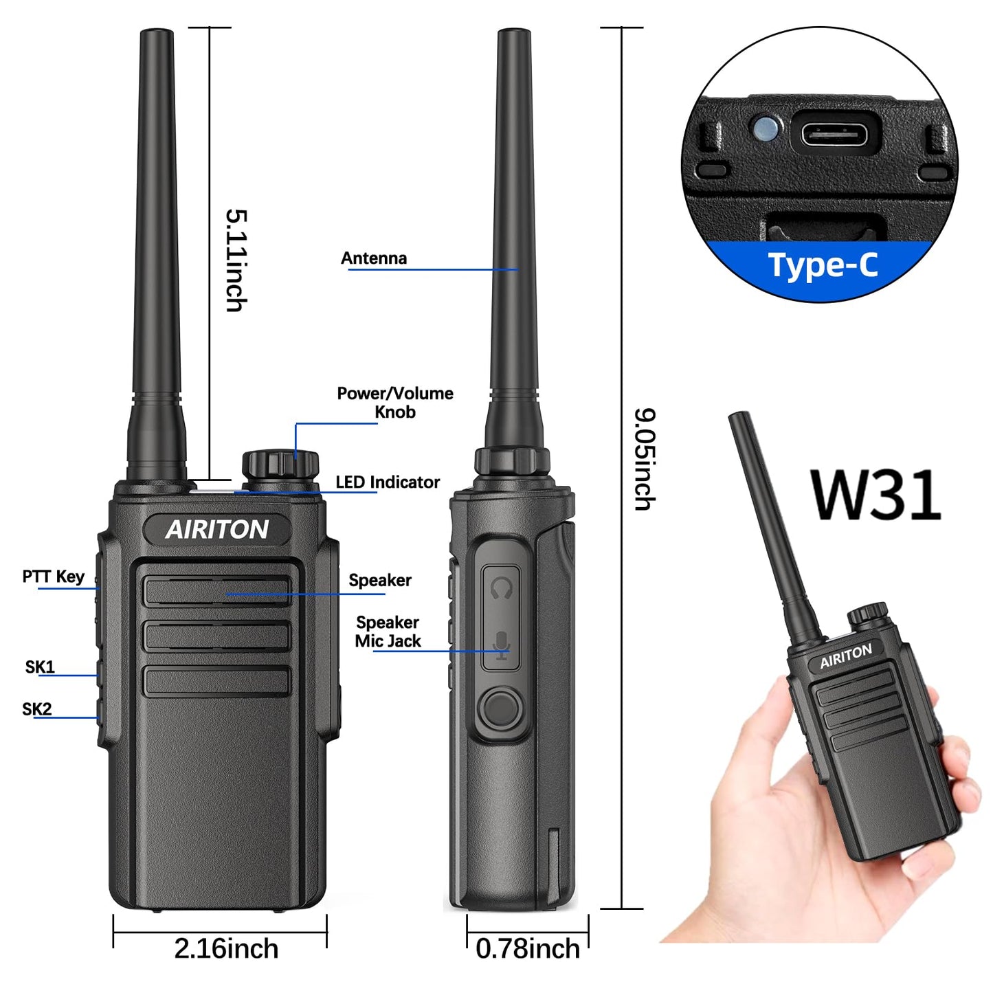 Walkie Talkies Long Range for Adults, Airiton Radio Rechargeable Walkie Talkie UHF Two Way Radio with 1500mAh Li-ion Battery USB-C Charger VOX Walky Talky for Hiking Cruises Camping (2Pack)
