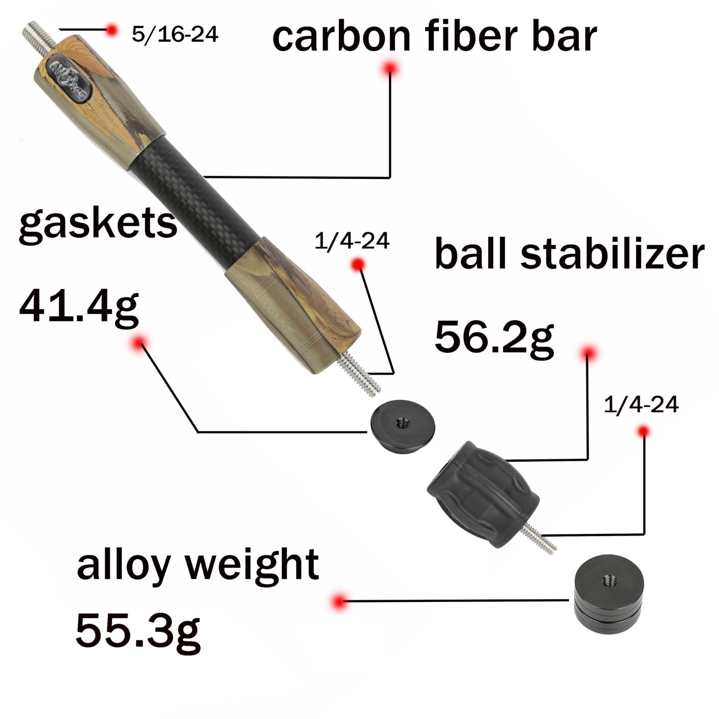 HNZMDY Archery Bow Stabilizer for Compound Bow, 6", 8",10",12",15" Carbon Fiber Blance Bar, Damping System and Shock Absorber Weights Kit (10 inch, Black camo)