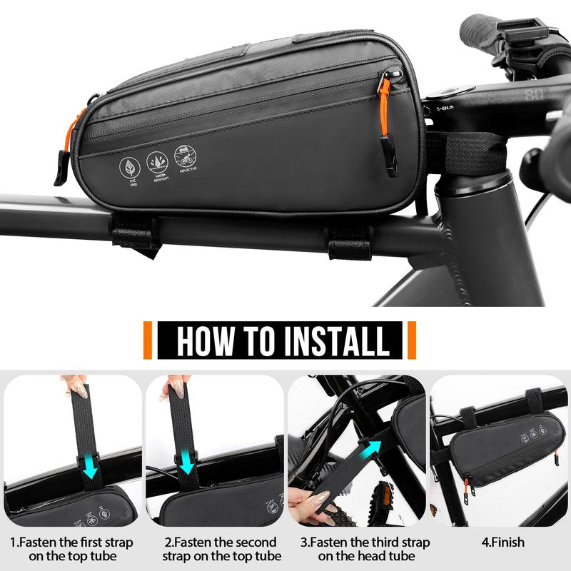 WOTOW Bike Frame Bag - 3 Ways Installation Water Resistant Reflective Bicycle Top Tube Bag with Two Side Pockets, Ebike Cycling Triangle Bag Pouch Accessories for MTB Road Travel (1.2L)