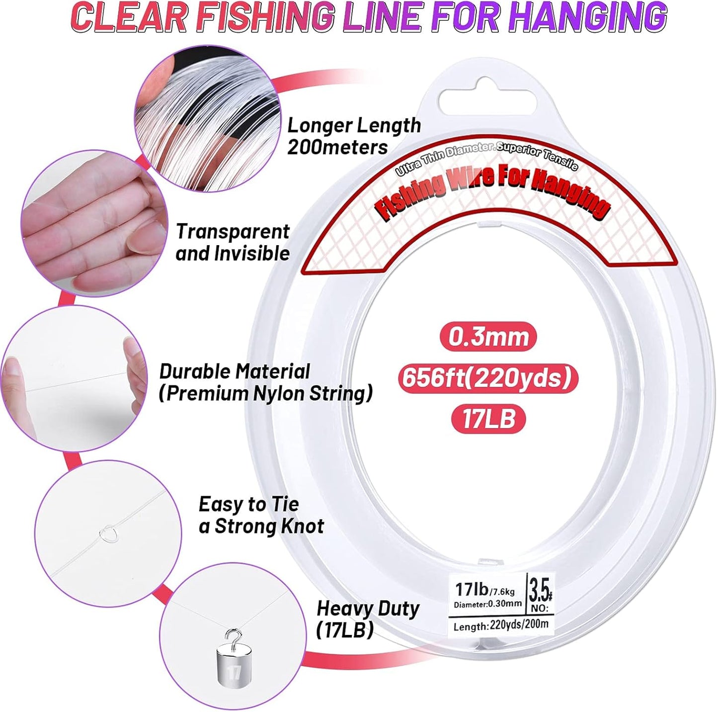 Clear Fishing Wire - 656FT Strong Nylon Line for Invisible Balloon Garland Decorations | Supports 40 Pounds