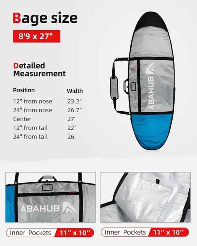 Abahub Premium 7'0 x 24 Surfboard Travel Bag, Foam Padded Surf Board Cover, Mini Mal Funboard Carry Bags for Surfing, Outdoor, Airplane, Car, Truck, Blue