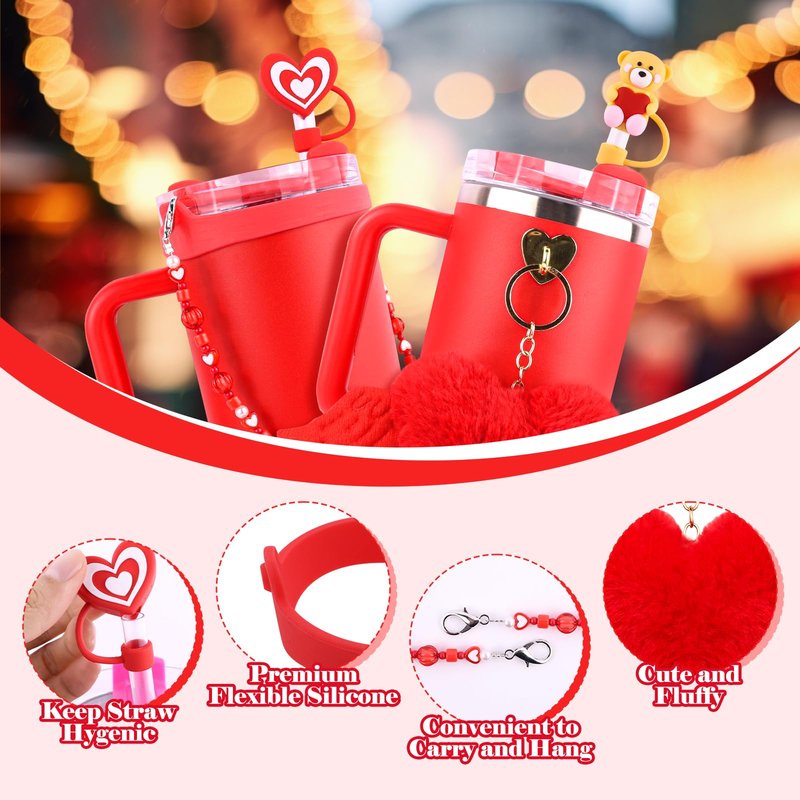 WINOWIMO 8 Pcs Valentines Day Accessories Set for Stanley Cup 30&40 Oz, Red Silicone Glitter Boot 2 Pcs Straw Covers Pom-Pom Charm Heart Charm Water Bottle Handle, Valentines Day Gifts for Her Girls