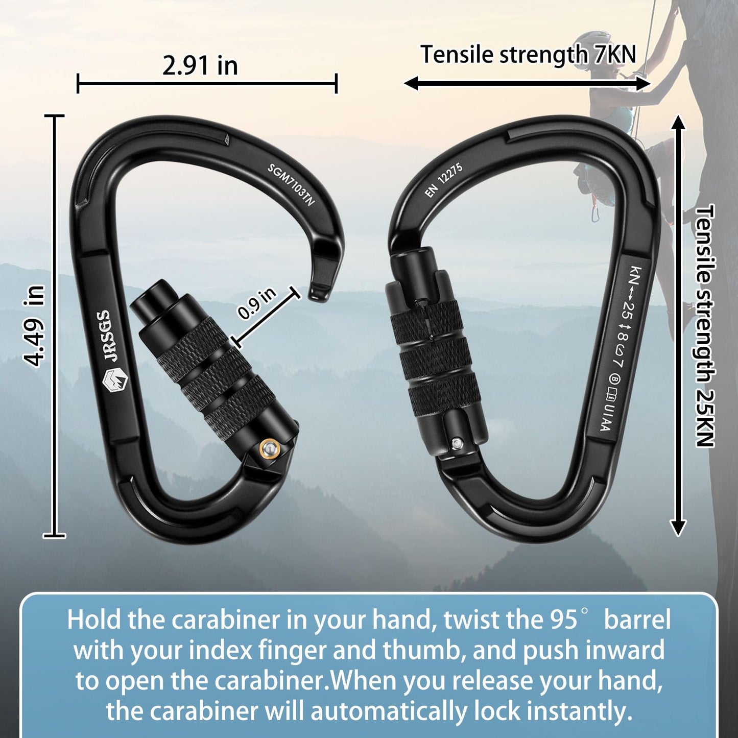 JRSGS Climbing Carabiner 25KN Large Carabiner Clip Auto Locking Carabiner Obtained UIAA Certification Heavy Duty Carabiners Suitable for Rock Climbing, Camping, Gym,Rescue