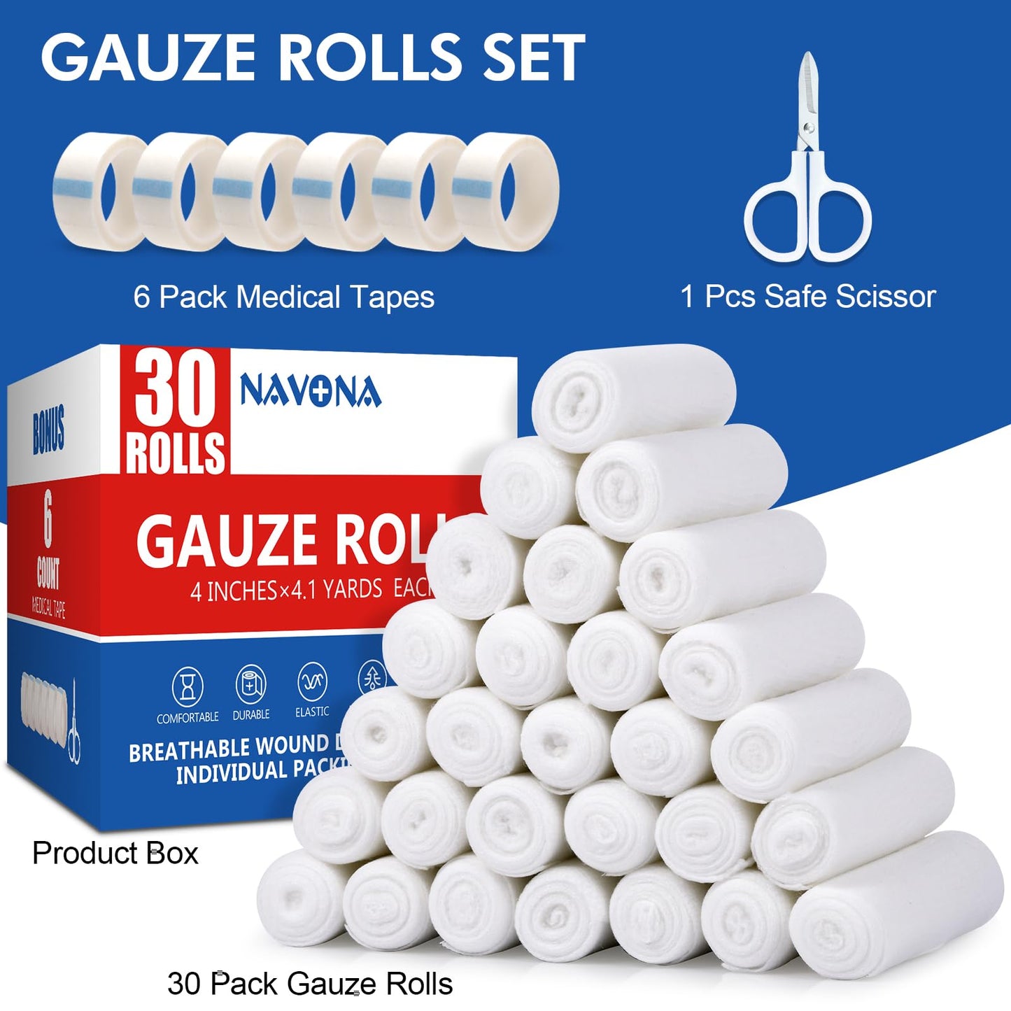 Navona Gauze Rolls 30 Pack, 4 in x 4.1 Yards, Individually Rolled Gauze, Mummy Wrap, Premium Gauzes Wrap Roll for Wounds