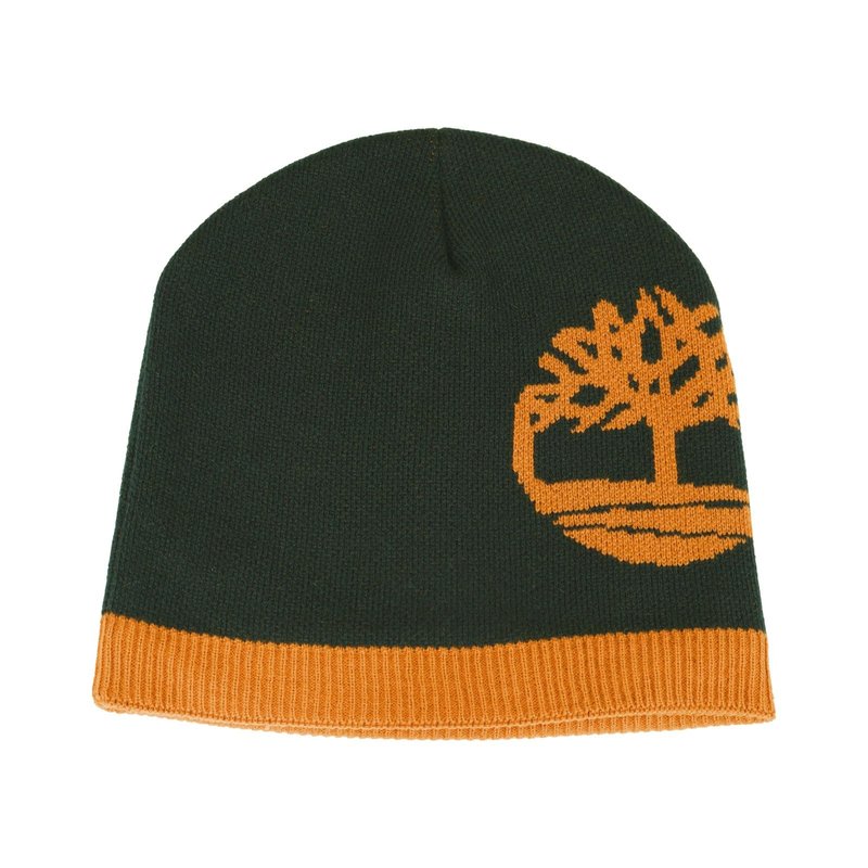Timberland Men’s Logo Pull-On Beanie - Soft Ribbed Knit Winter Hat, Jacquard Tree Design, Warm Stretch Fit for Cold Weather, Leaf Green, One Size