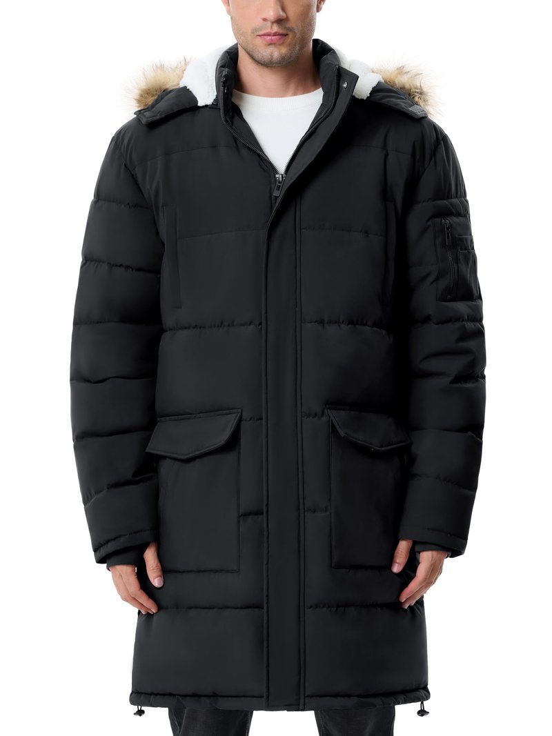 JAWERU Men's Extra Long Fleece Puffer Jacket Outerwear Winter Coats Hooded Parka Warm Water-resistant Cold Weather Black 2XL