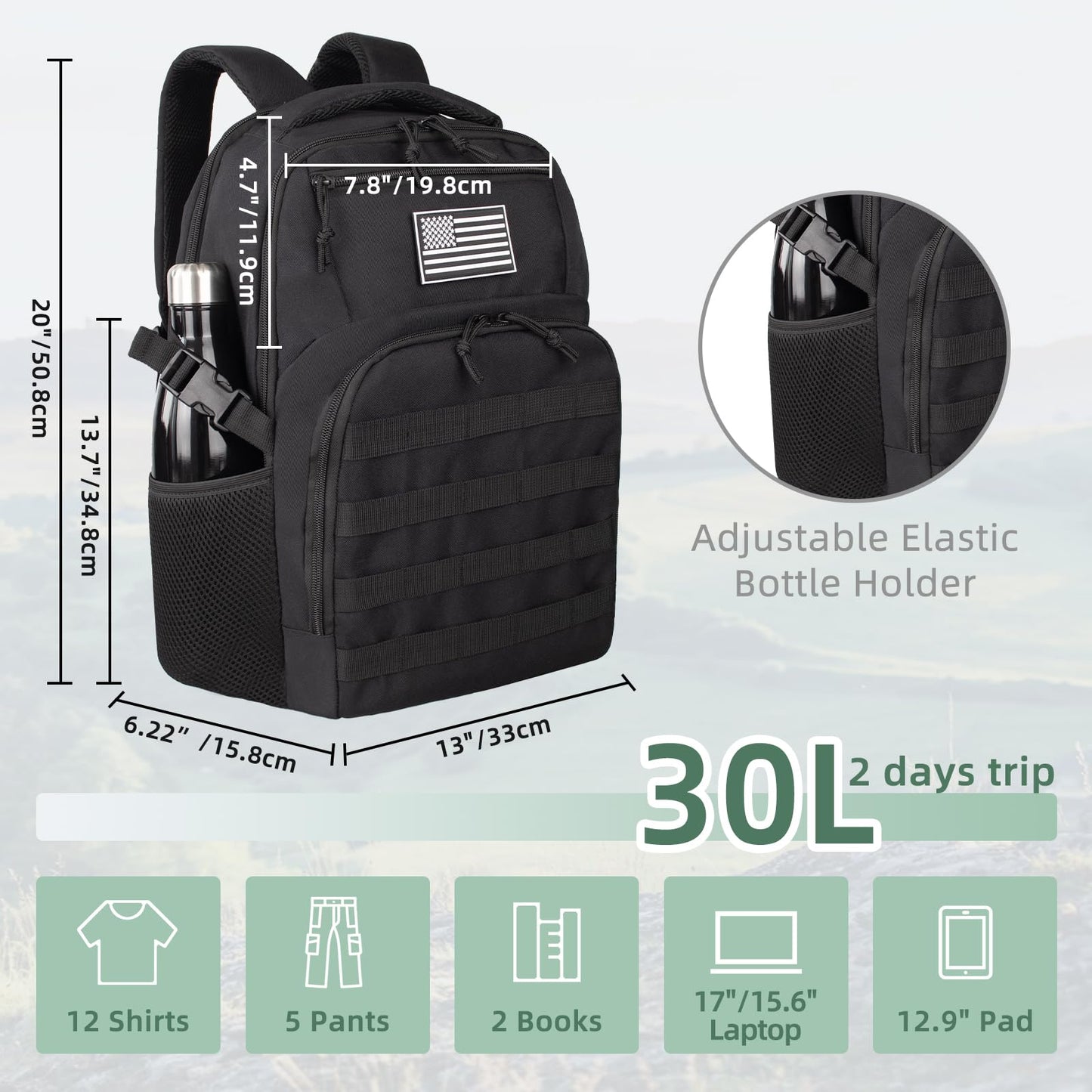 TBNBO Military Tactical Backpack for Travel Hiking,Black Backpack for Men with Bottle Holder, 30L Small Laptop Backpack for Work, Men's Assault Bag Back Pack