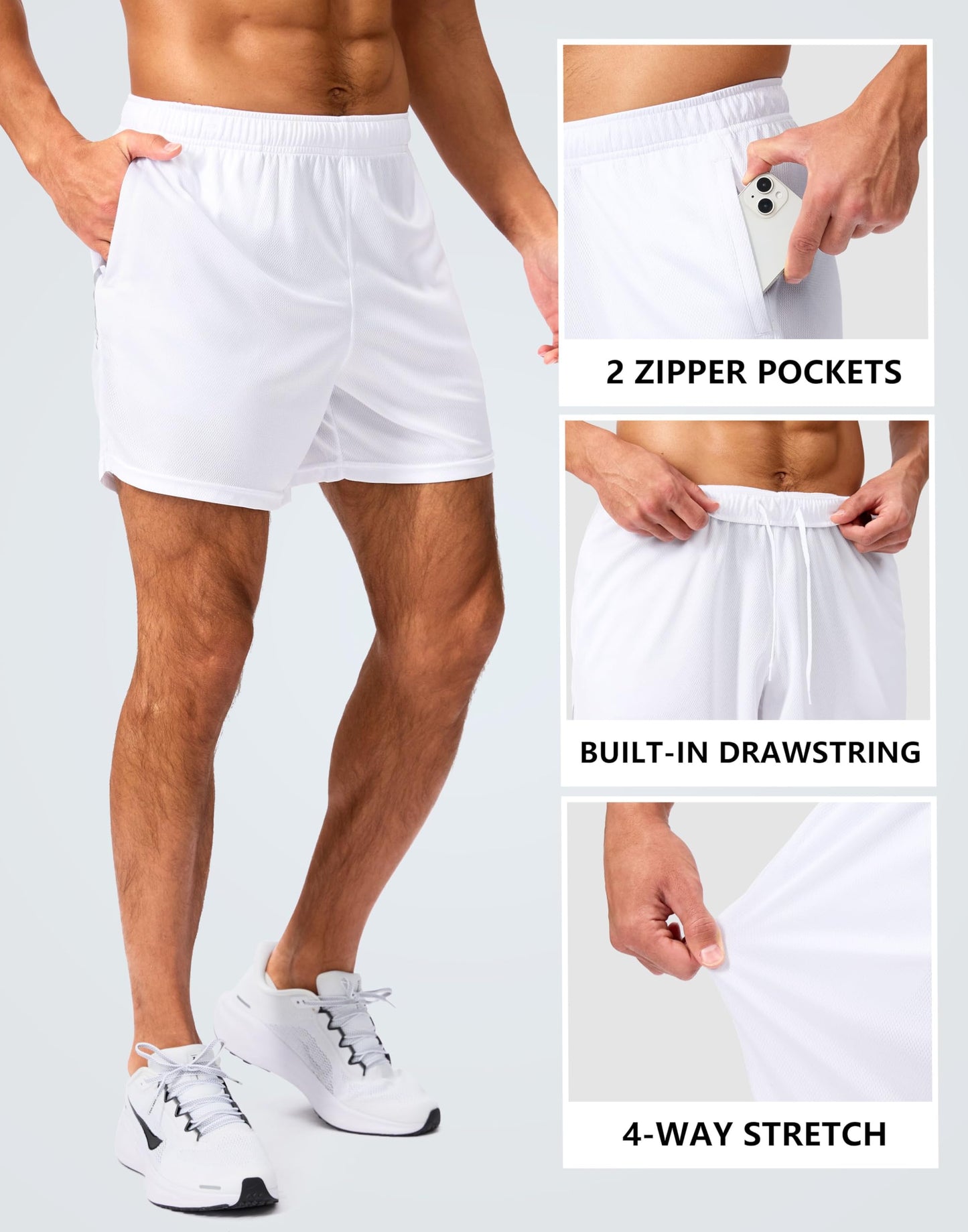 G Gradual Men's Gym Shorts 5"/7"/10" with Zipper Pockets Basketball Athletic Mesh Quick Dry Shorts for Workout Running Tennis (5 inch, White, XX-Large)