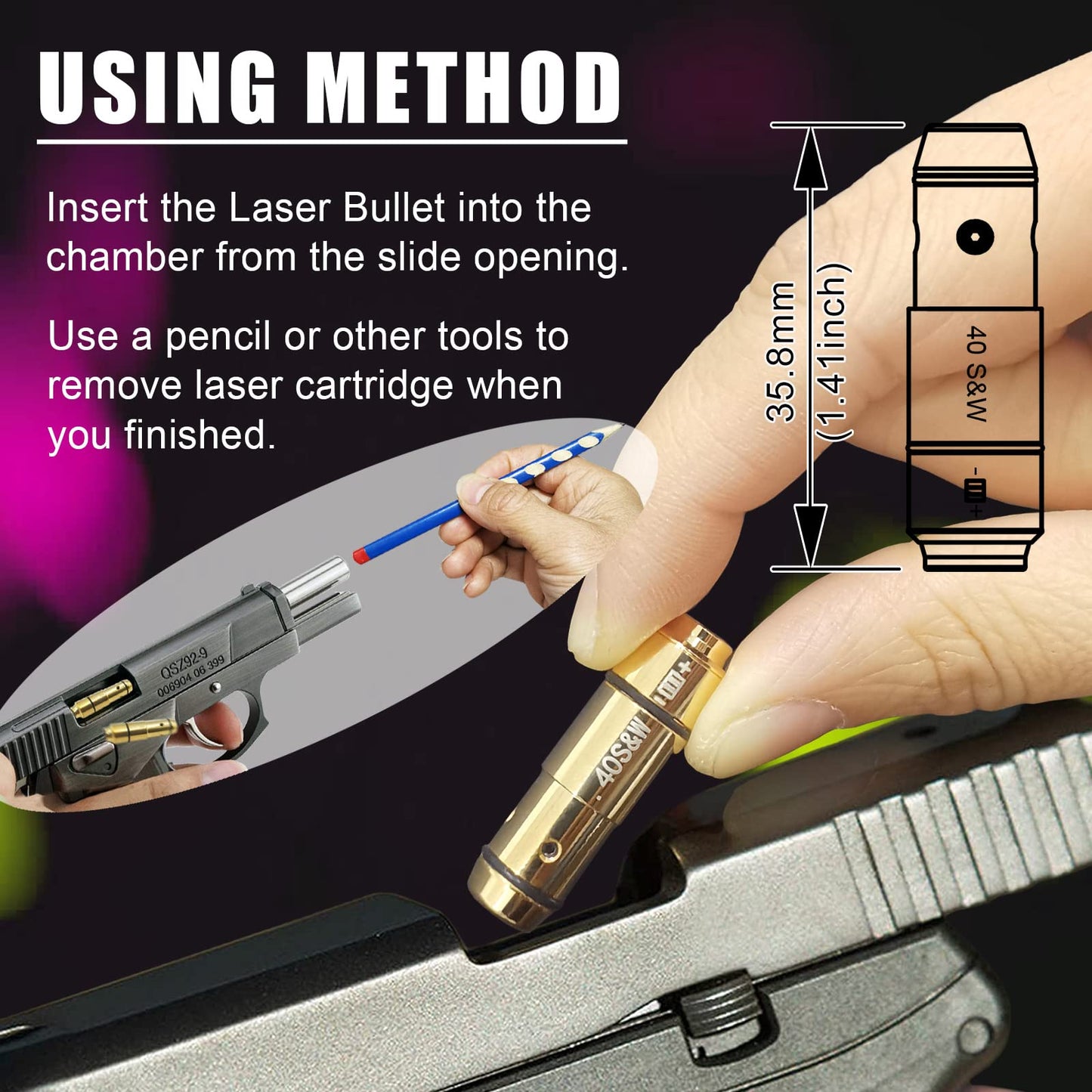 Angeebin Laser Training Cartridge for 45ACP,40S&W,380ACP,9MM Suitable for Dry Fire Training and Boresighting Sight, Red Laser Bullet with Spare Accessories (40s&w)