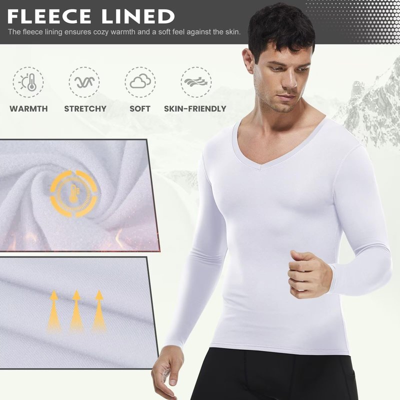 Tesuwel Thermal Shirts for Men Cold Weather Warm Men's Compression Shirts for Running Ski Base Layer Mens Fleece Lined Athletic Underwear Tops for Sports Hiking,High Wicking 511 White L