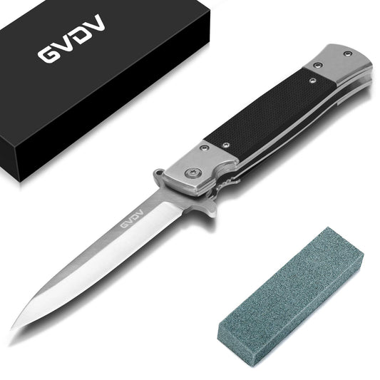 GVDV Folding Pocket Knife with G10 Handle, 7CR17 Stainless Steel EDC Knife with Safety Liner Lock, Hunting Camping Hiking Fishing Knife for Men Women, Silver