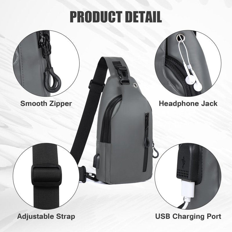 VALUEQLO Waterproof Sling Bag for Men Women Crossbody Backpack with USB Charging Port & Headphone Hole, Anti Theft Chest Pack Daypack, Adjustable Shoulder Bag for Travel, Hiking, Running, Light Grey