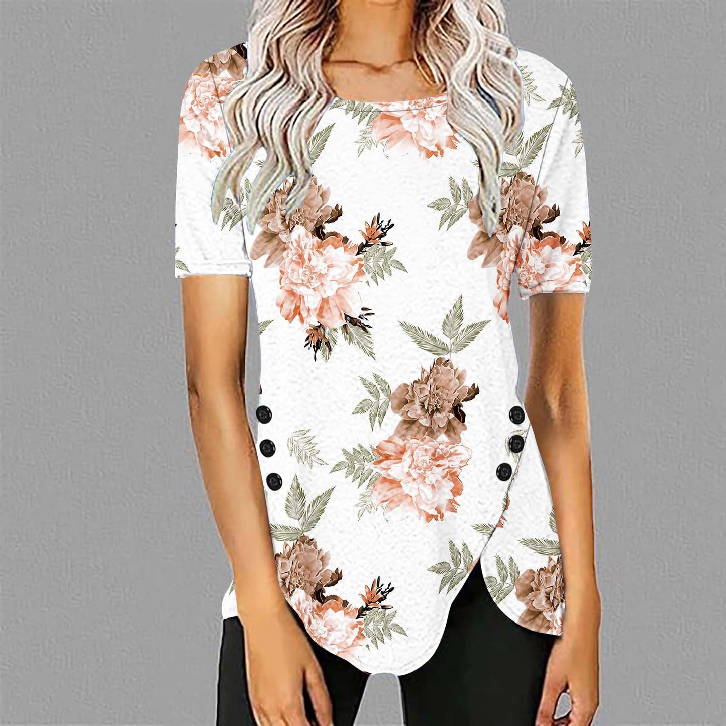 Dovford mis pedidos Womens Tops Summer Slim Fit Short Sleeve Side Split Shirt Tunic Tshirt for Leggings Fashion Irregular Hem Ladies Blouses Cute Floral Graphic Tee Going Out Y2K Clothes