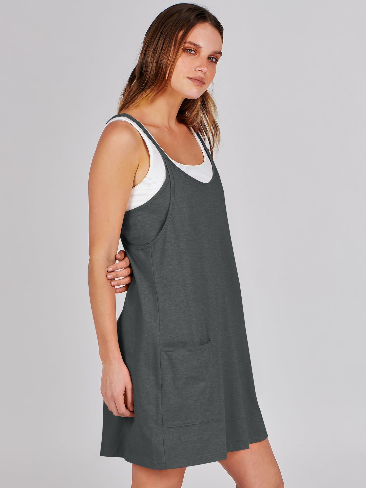 ANRABESS Women Athletic Dress Summer Tennis Workout Active Sports Mini Romper Dress Built in Shorts Travel Vacation Clothes Deep Gray Medium
