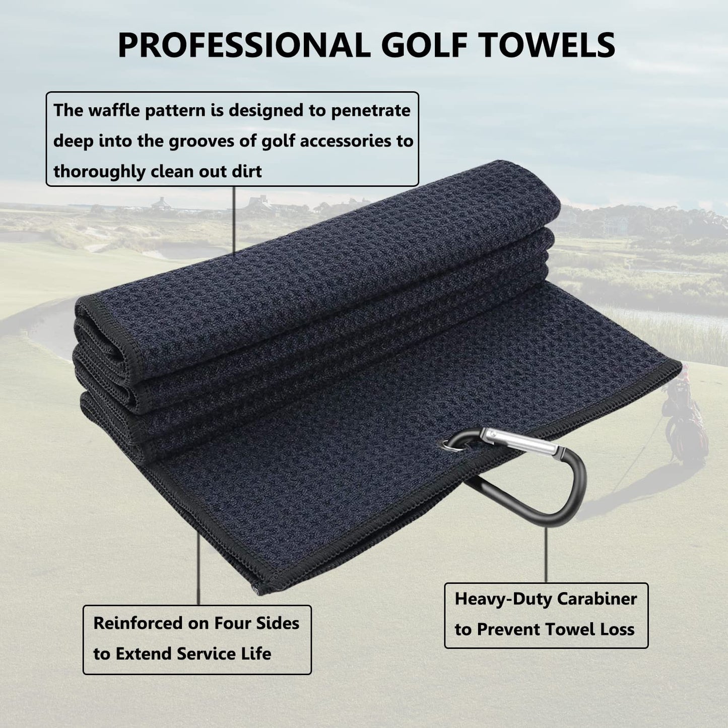 LUSTEMBER 3 Pack Large Golf Towels, 16" x 24" Tri-Fold Portable Microfiber Fabric Waffle Pattern Golf Towel for Golf Bag with Carabiner Clip to Quickly Remove Sand, Mud, Dirt and Sweat