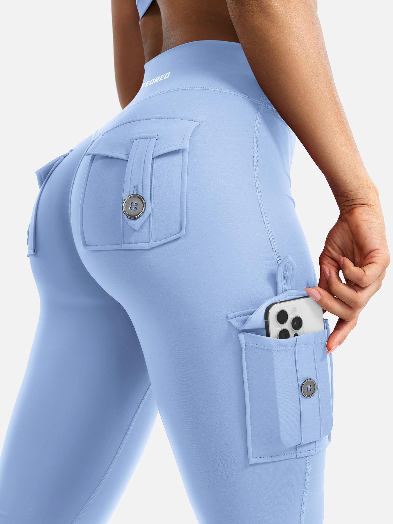 YEOREO CoreFlex Women Workout Flare Leggings with Pockets Hidden Scrunch High Waisted Cargo Gym Yoga No Front Seam Leggings Light Blue S