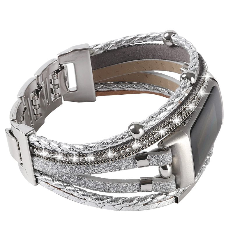Leather Bands Compatible with Fitbit Charge 6/Charge 5 Bands for Women, Boho Handmade Multilayer Wrap Bracelets Jewelry Strap Replacement for Charge 6/Charge 5 Fitness Tracker (Silver)