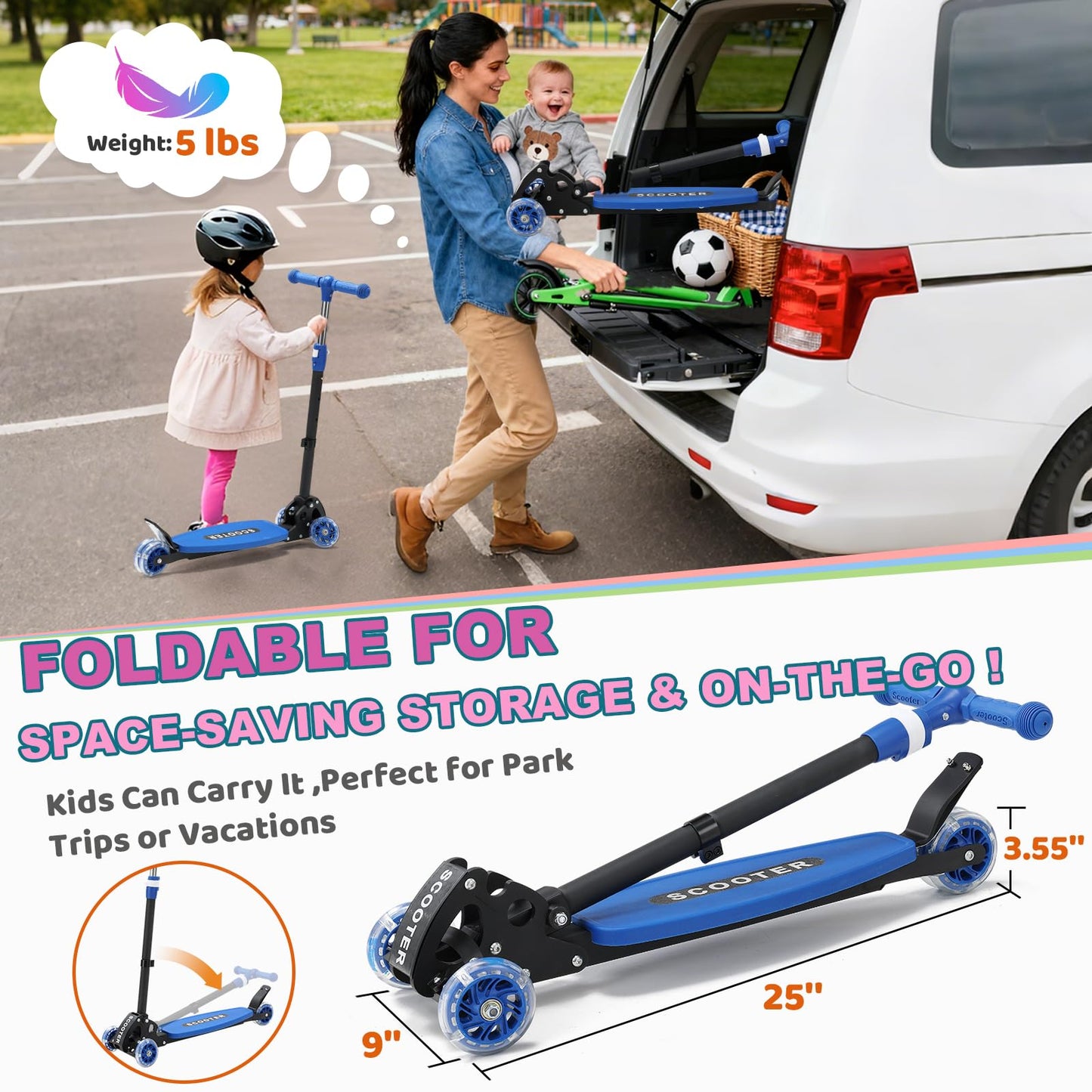 Kids Scooter for Ages 3-7, Foldable 3 Wheel Kick Scooter with Light Up Wheels, Easy Lean-to-Steer, Adjustable Handlebar, Stable Dual Rear Wheels, Wide Non-Slip Deck &Rear Brake for Boys Girls