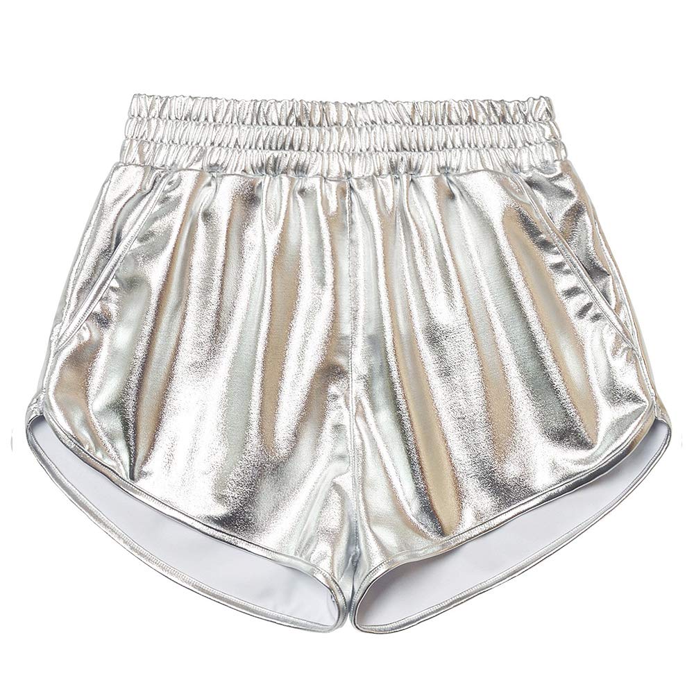 MAKARTHY Women's Metallic Shorts Elastic Waist Shiny Sparkly Rave Pants (Medium, Silver)