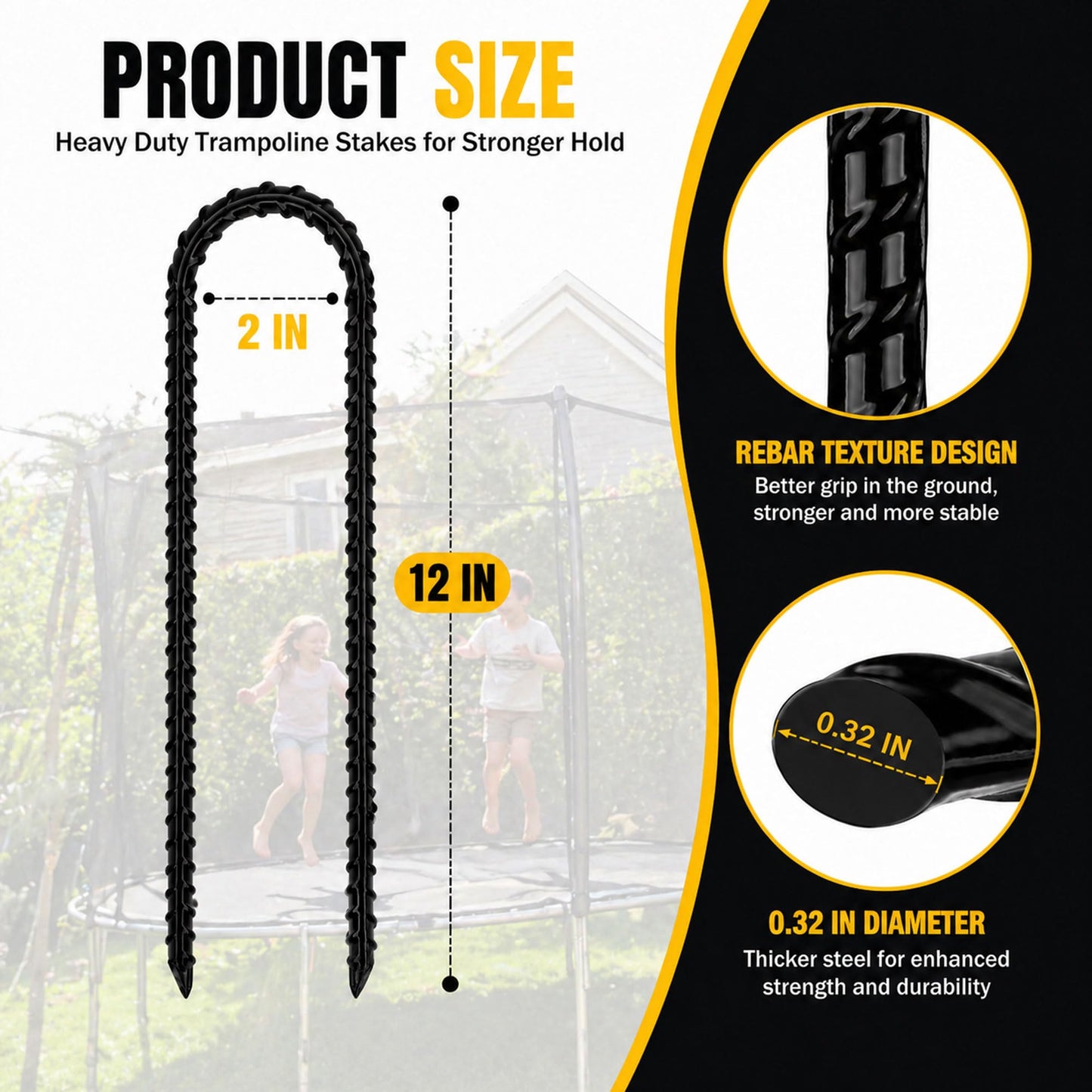 RIY Trampoline Stakes Anchors High Wind 12'' Ground Anchor Heavy Duty Tent Stakes Swing Set Anchors Trampoline Accessories with T Hook - Black 8pcs