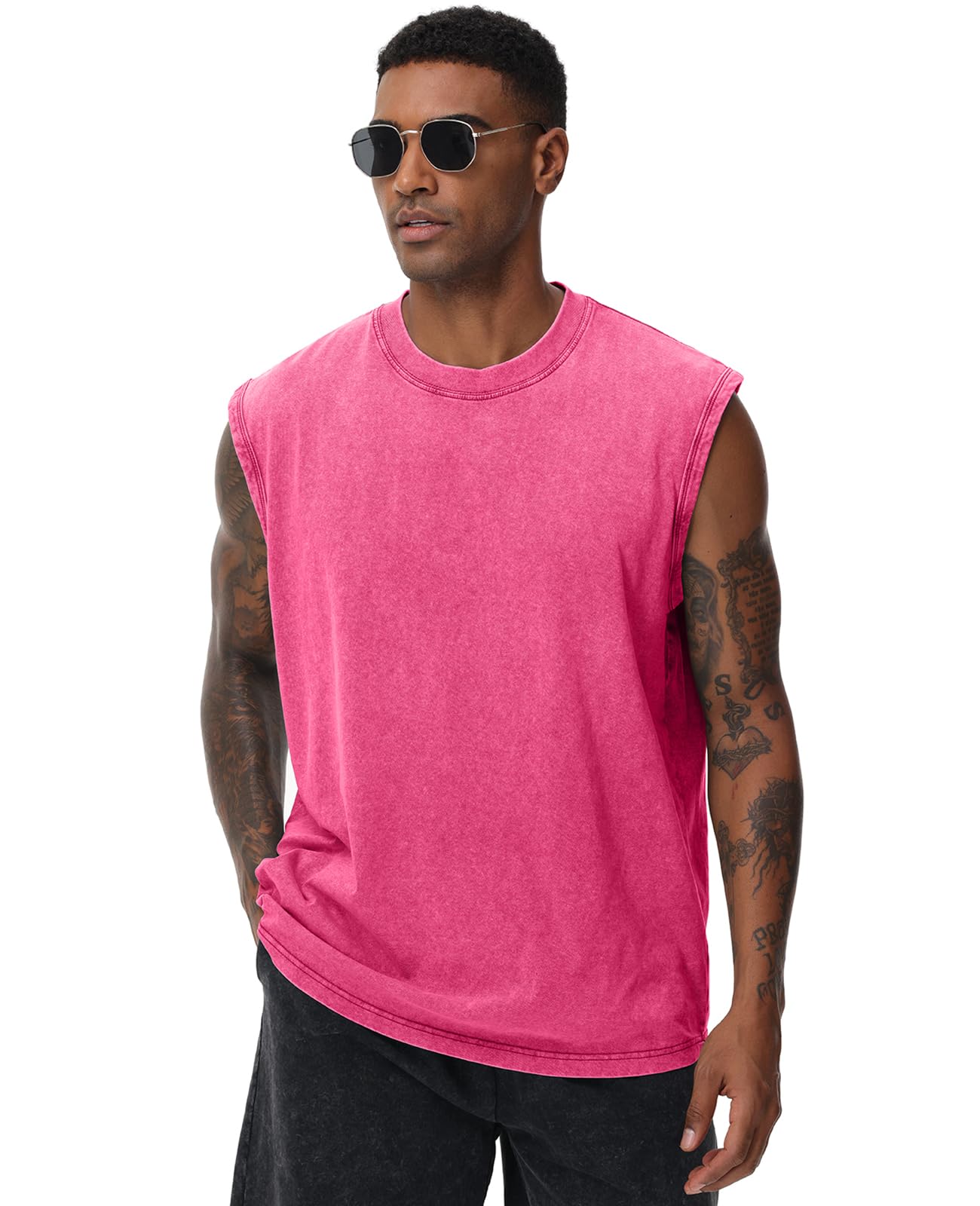 SnowElve Mens Workout Tank Tops Sleeveless Tee Shirts Men Muscle Shirt Gym Acid Wash T Shirts Running Beach Loose Fit Tee(PK,XL) Pink