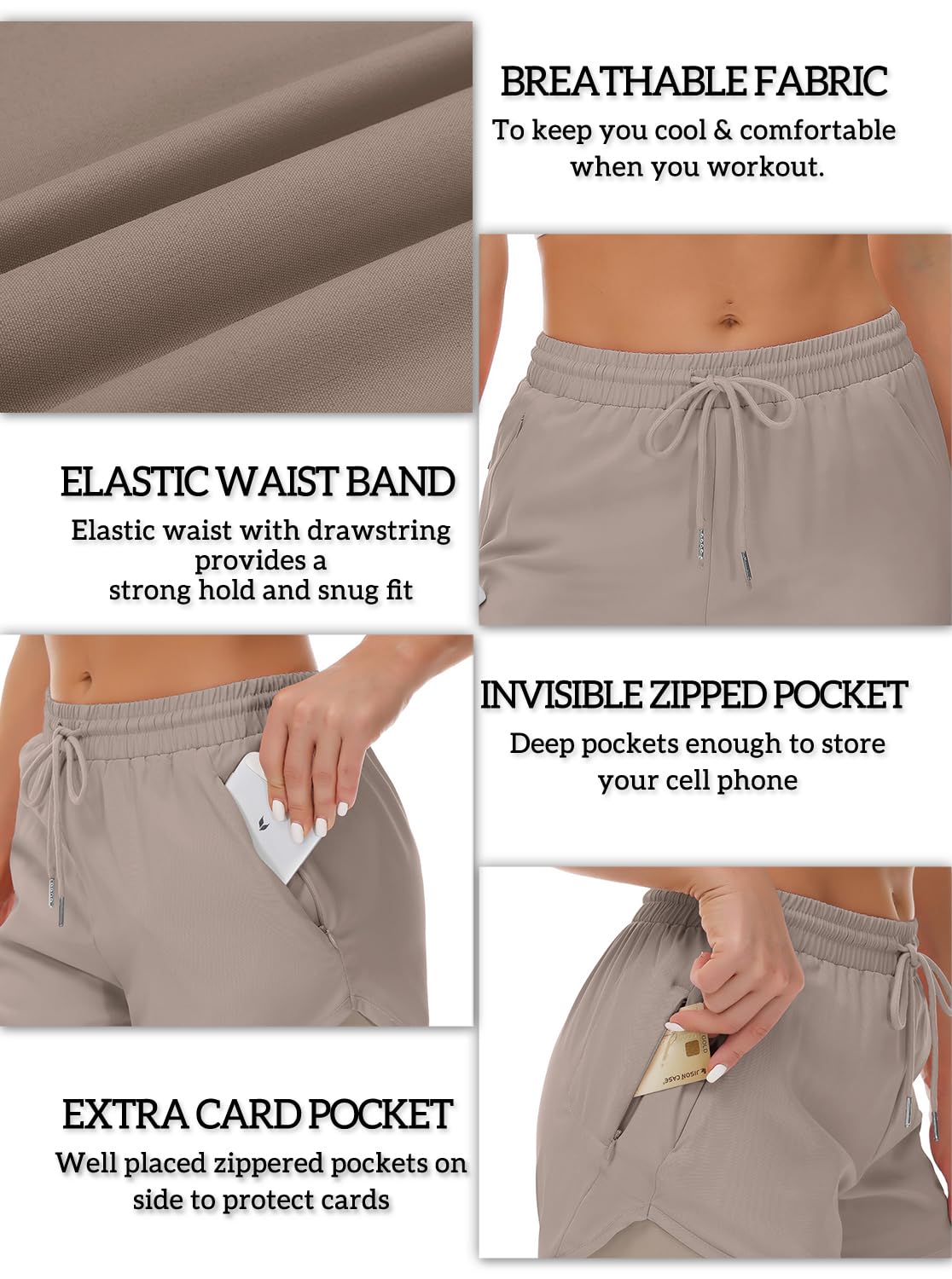 Mancreda Women's Running Shorts with Liner 3 Zipper Pockets Elastic Workout Athletic Gym Yoga Shorts(CA,XXL) Khaki