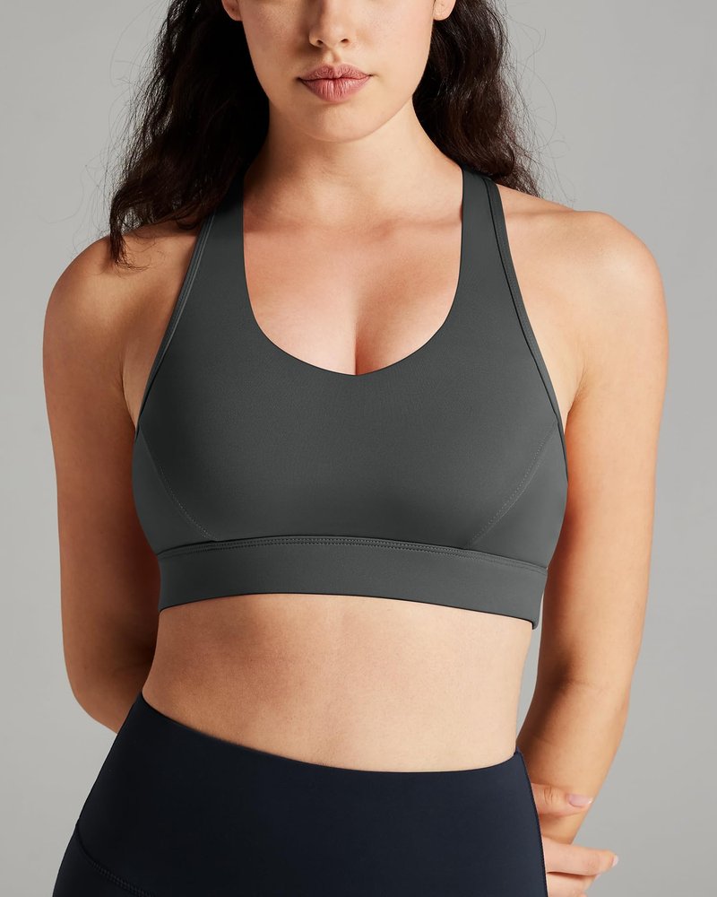 Queenie Ke BareFlow Sports Bras for Women V-Neck Medium Support Raceback Phone Pocket Bra Removable Cups Yoga Workout Tank Top (Dark Grey, Small)
