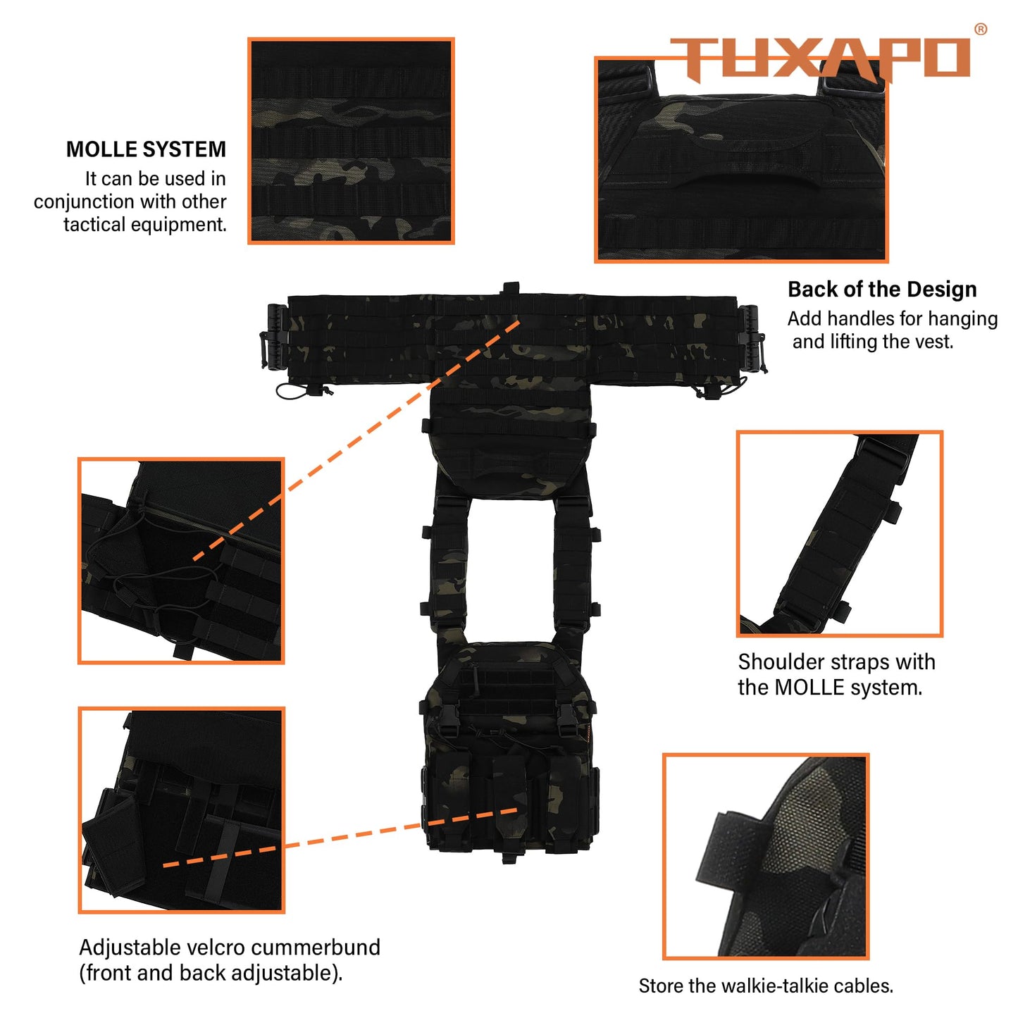 Tuxapo Tactical Molle Vests with Triple mag Pouch and Side Cummerbund Pouches, Quick Release Vests for Men