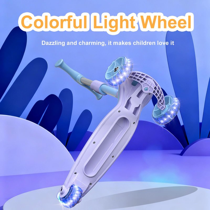 091G-Z Blue Kick Scooter for Kids Ages 3-14, 3-Wheel Foldable Scooter with Adjustable Height Handlebars, LED Light-Up PU Wheels, Wide Anti-Slip Deck,Lean-to-Steer, Removable Seat, Gift for Children