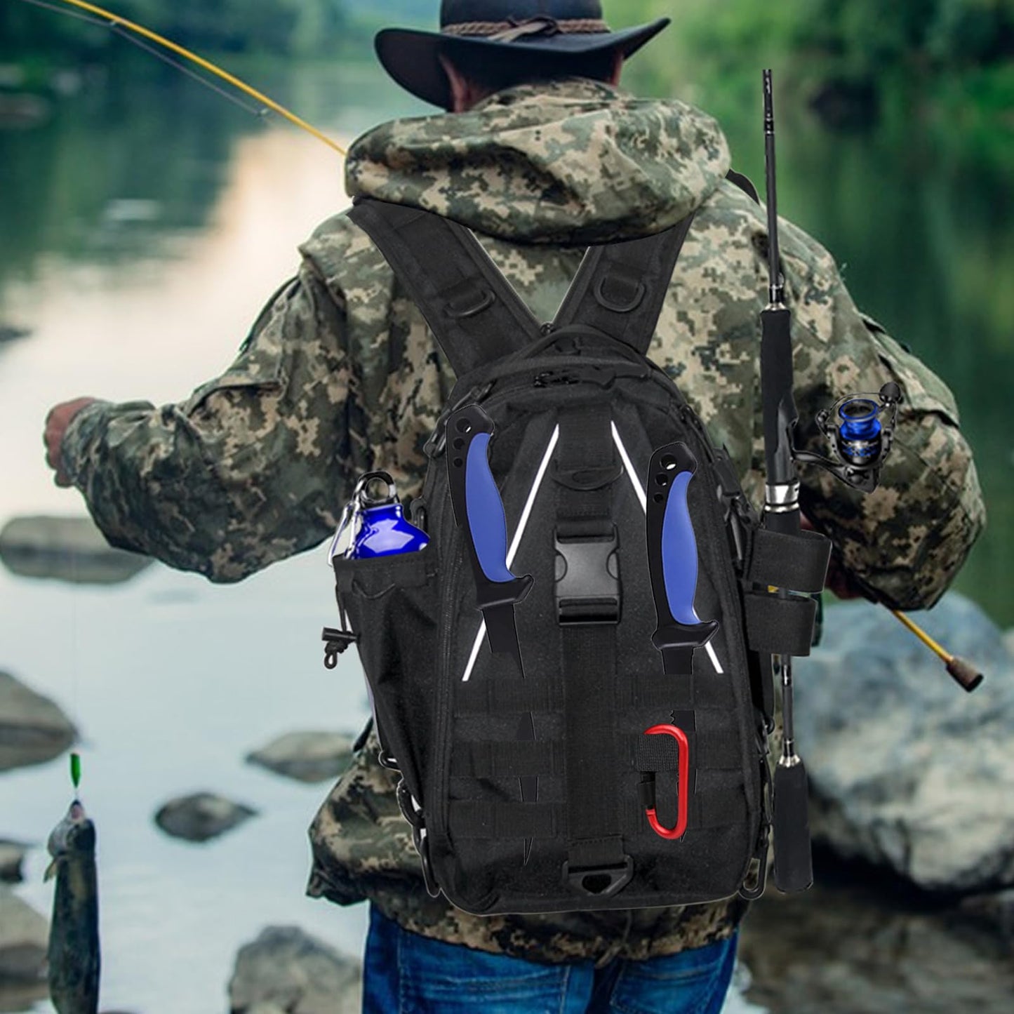 Zsrivk Fishing Tackle Bag Sling Shoulder Backpack with Rod & Gear Holder, Water Resistant & Weatherproof, Large Storage