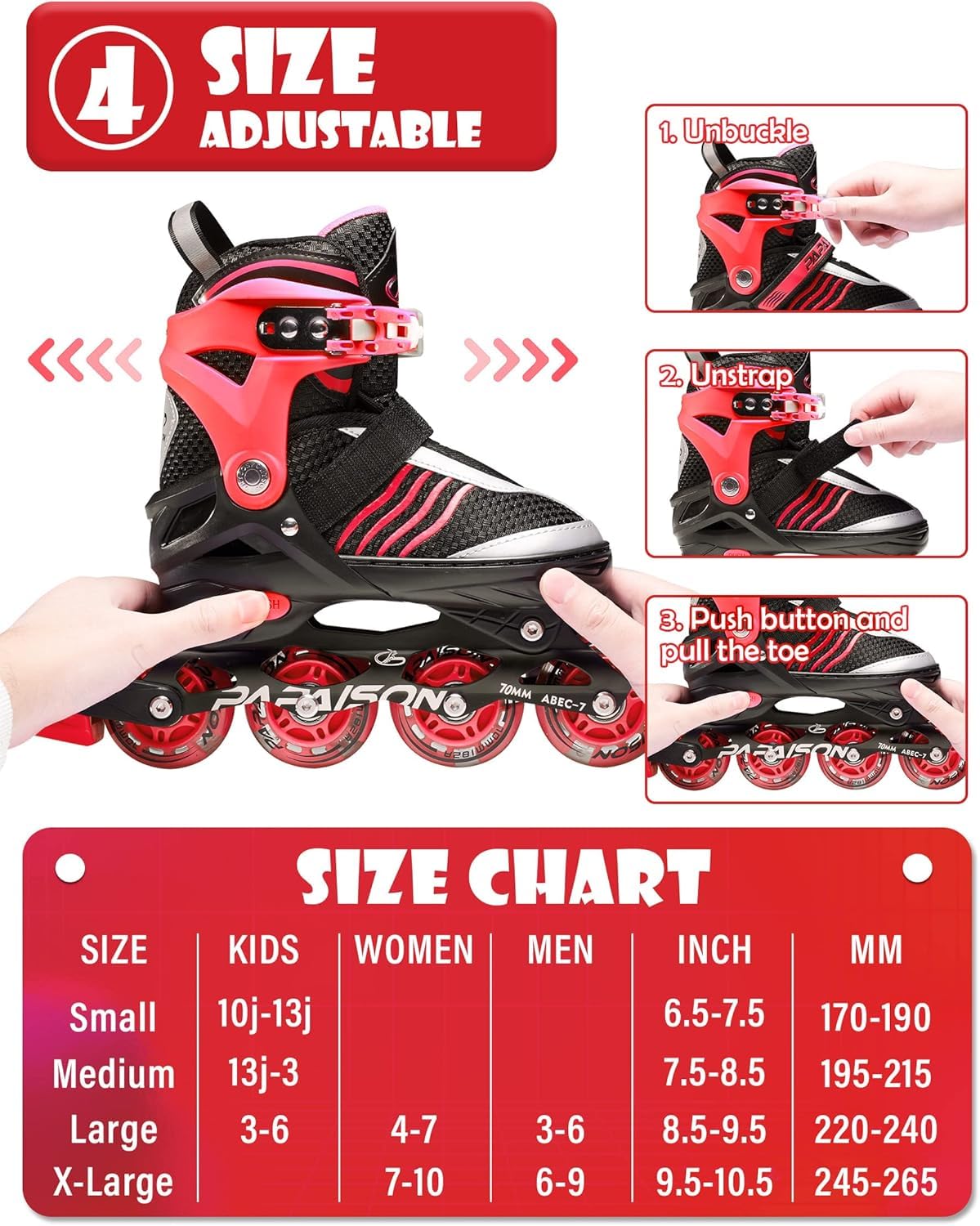 PAPAISON Adjustable Inline Skates Boys Ages 4-16, Roller Skates for Girls Kids Ages 5-8 8-12 with Full Light Up Wheels, Outdoor Skates Illuminating Skates for Children Teens Women