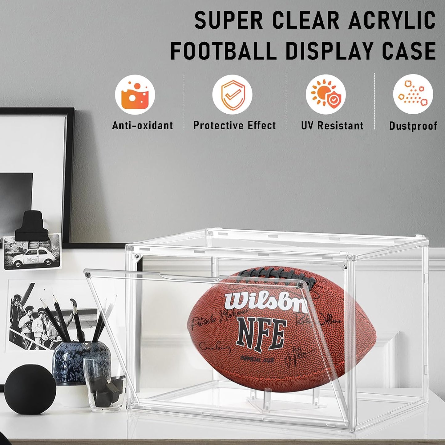 Football Display Case - 3 Pack Clear Acrylic Holder with Magnetic Door | Full Size, Dust & UV Protection