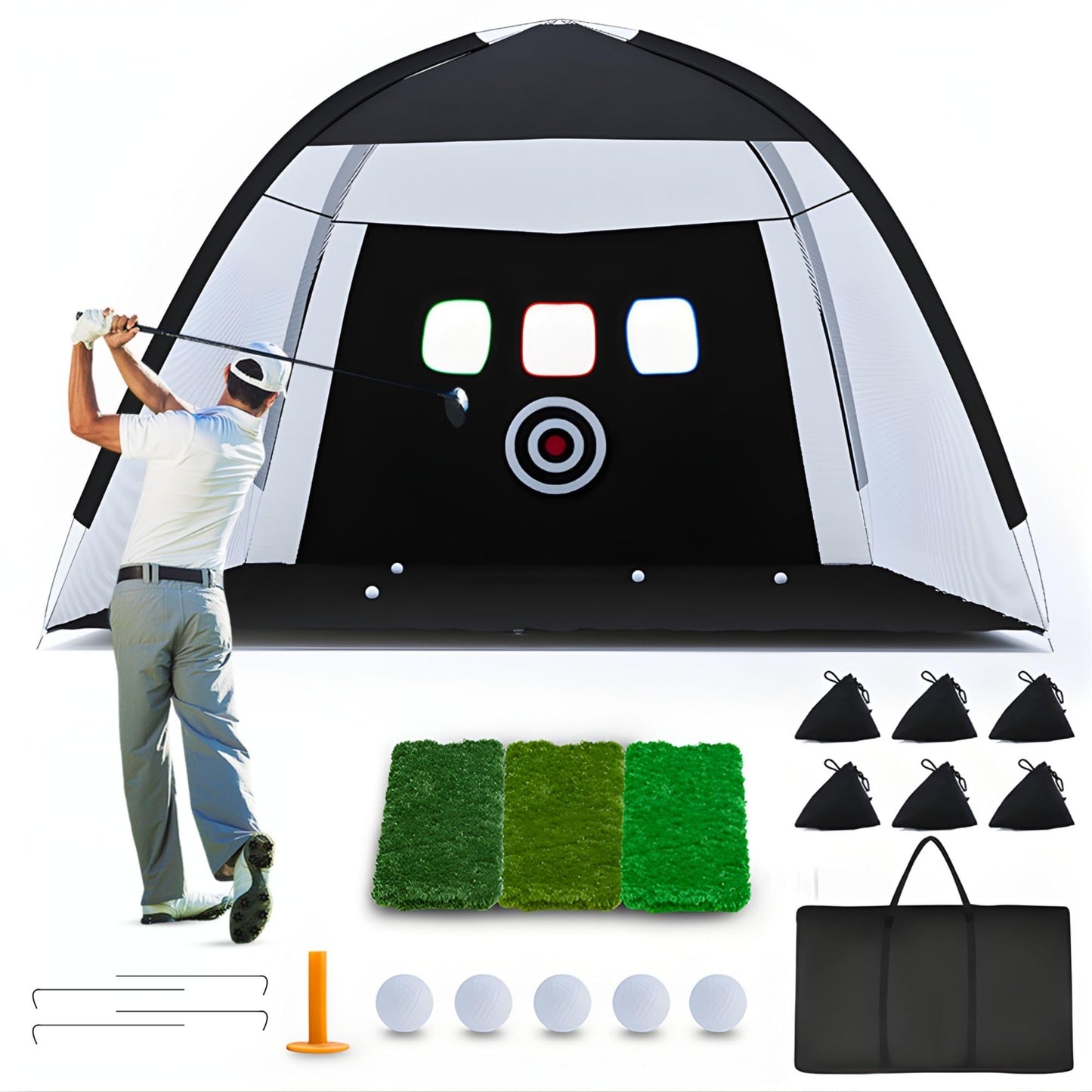 Golf Net 10x7FT for Backyard Practice – Golf Net Hitting and Training Set with Target and Mat for Real Balls – Indoor Outdoor Swing, Chipping and Driving Trainer – Great Gift for Men, Dad, Golfer