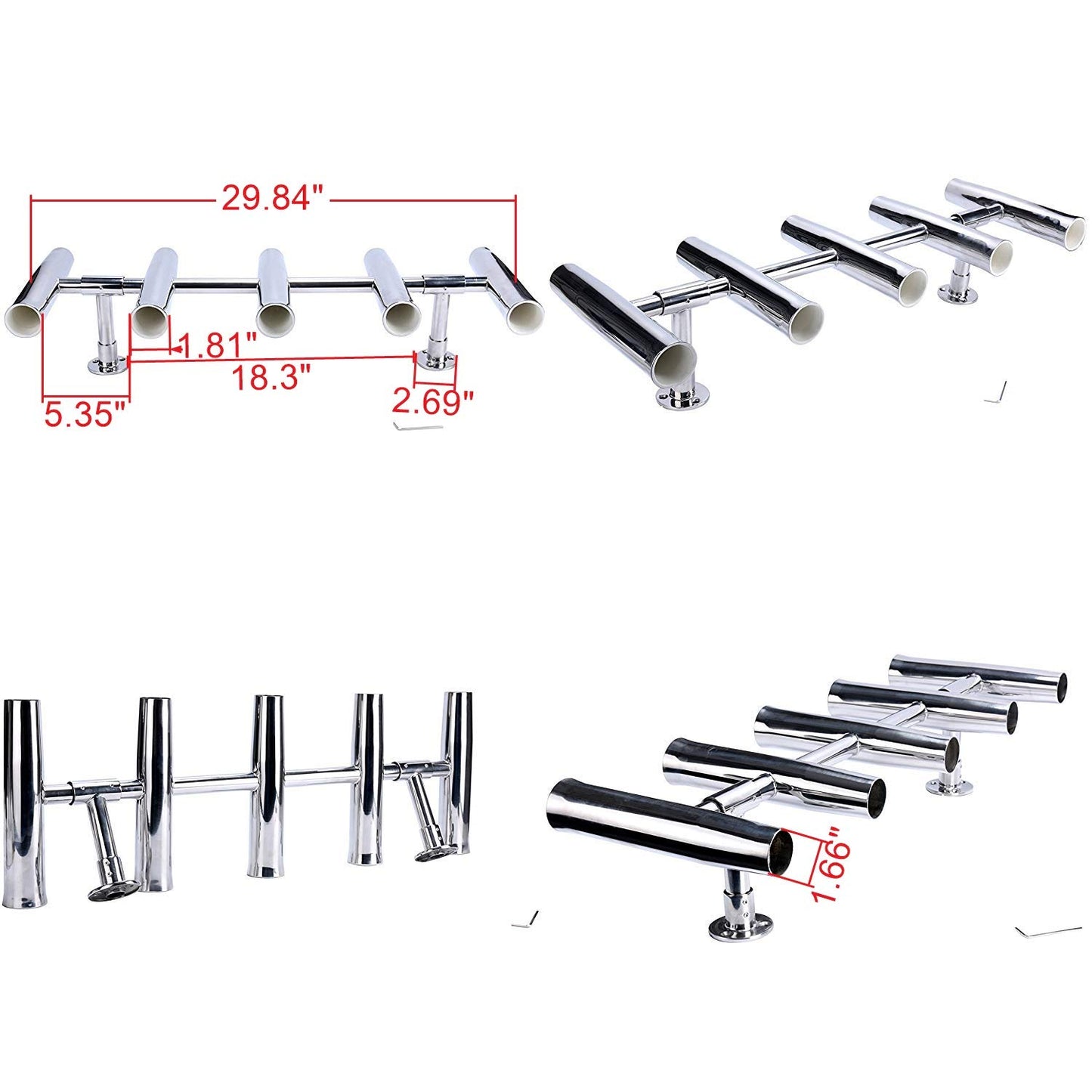 Amarine Made 5 Tube Adjustable Stainless Rocket Launcher Rod Holders , Can Be Rotated 360 Deg