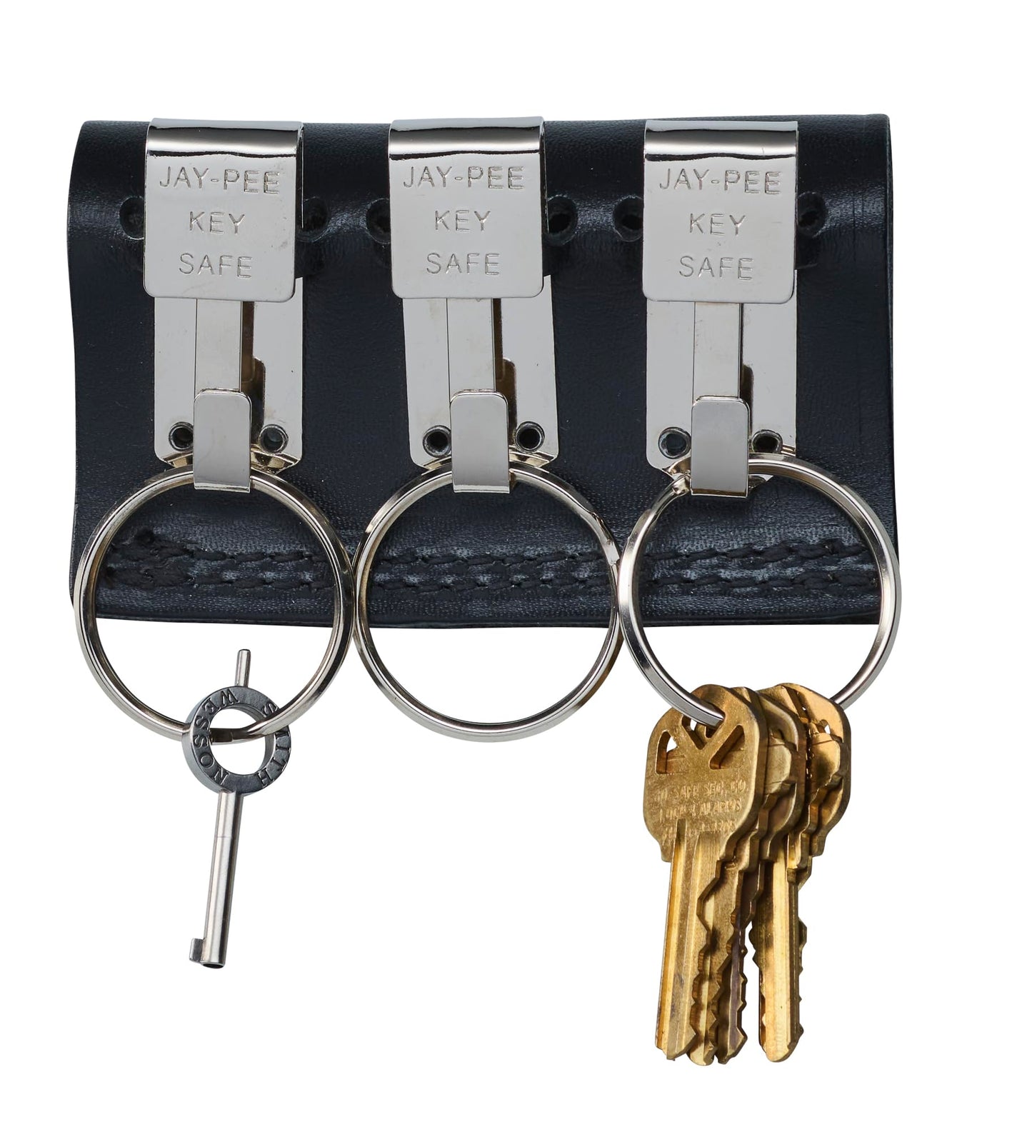 JAY-PEE Black Leather Duty Belt Key Holder, Officer Accessory, Law Enforcement Ring Carrier, Tactical Belt Loop Keychain Security with 3 Chrome Detachable Key Ring Safety Hook for up to 2.25" Belts