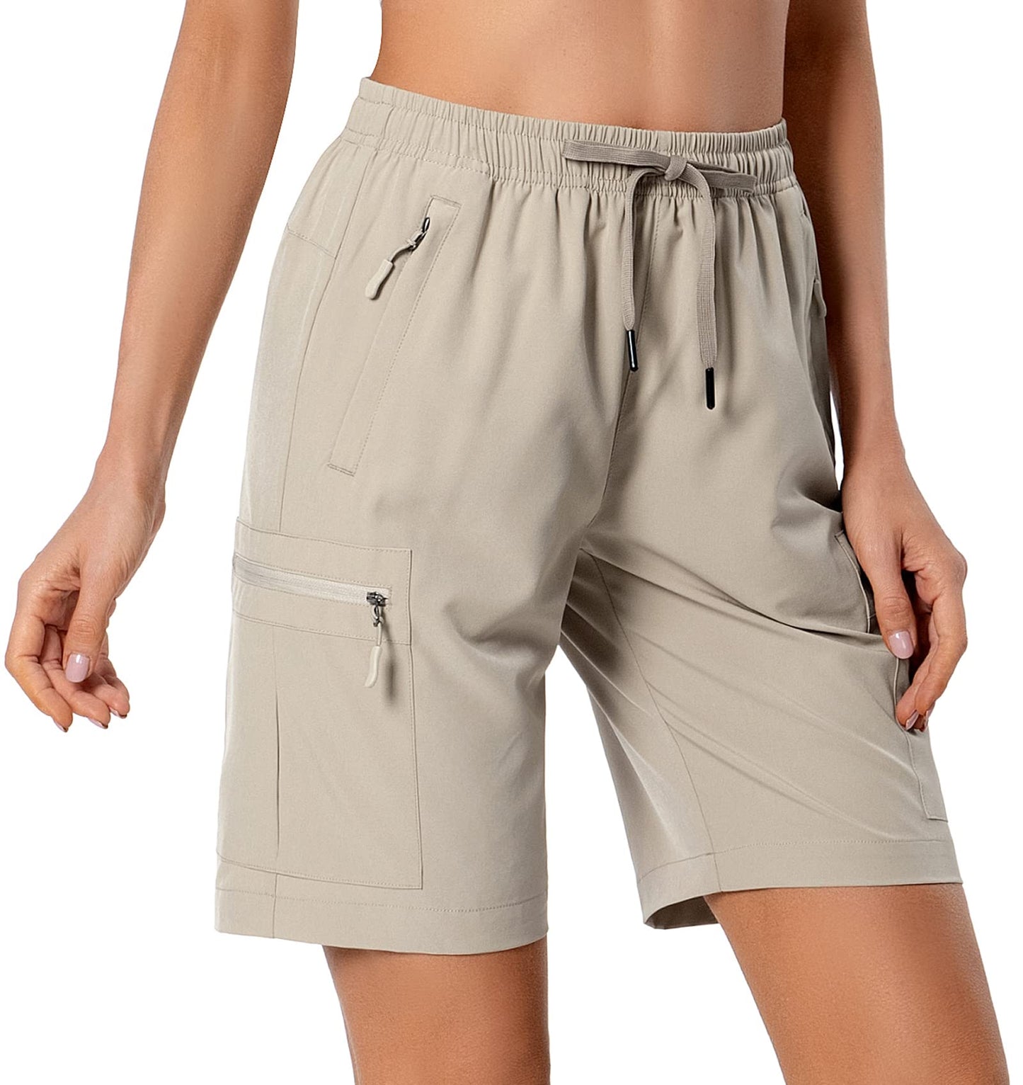 Hugut Women's Lightweight Hiking Cargo Shorts Quick Dry Athletic Shorts Camping Travel Golf Zipper Pockets Water Resistant Khaki