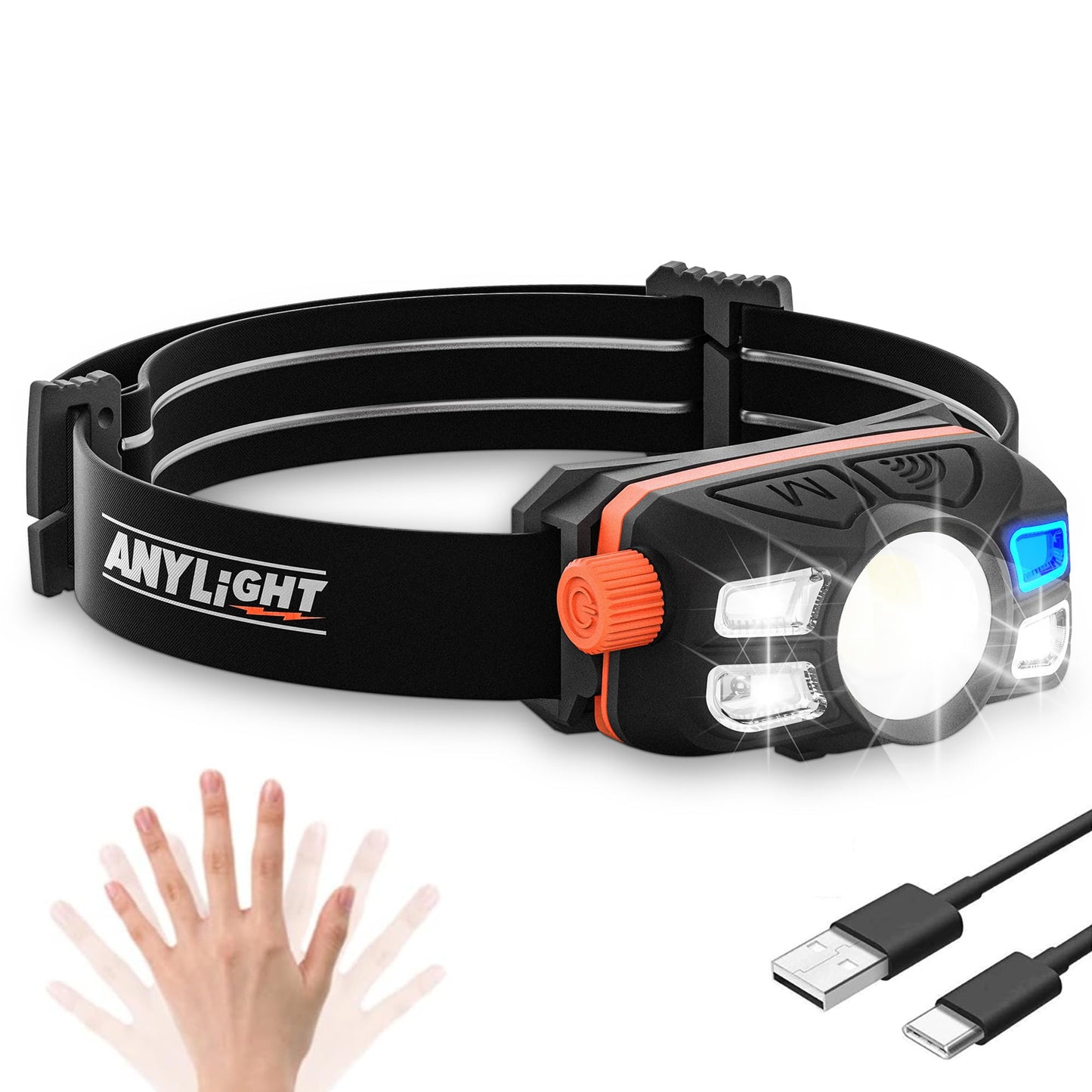 Anylight Rechargeable LED Headlamp with Stepless Dimming and Motion Sensor, IP65 Waterproof Headlight for Repairing, Running, Camping, Hiking(1 Pack)