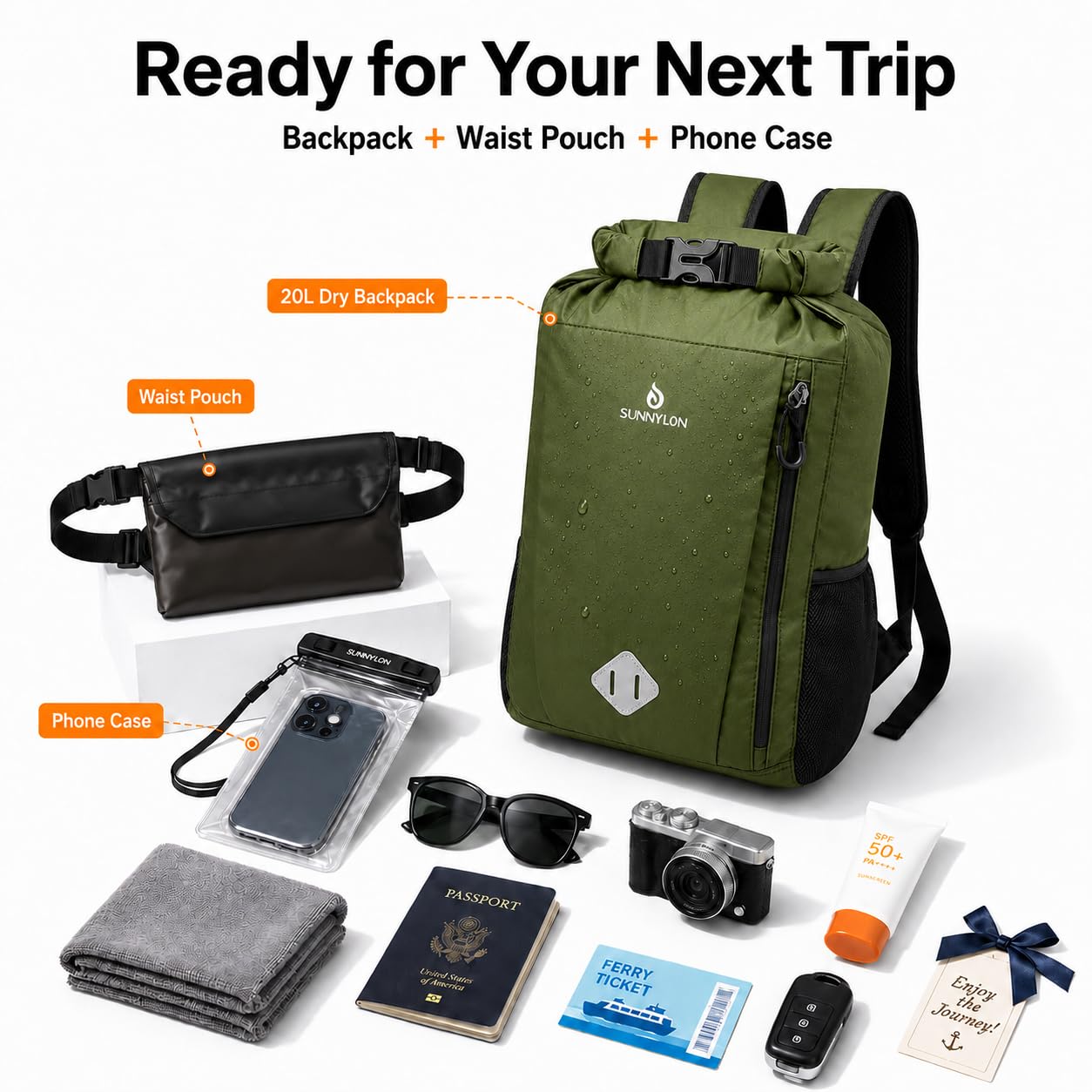 Sunnylon Dry Bag Backpack, 20L Dry Bags Waterproof with Waist Pouch and Phone Case,Roll top Dry bag for kayaking,Marine dry bag for Kayaking,Beach, Rafting, Boating, Hiking, Camping and Fishing