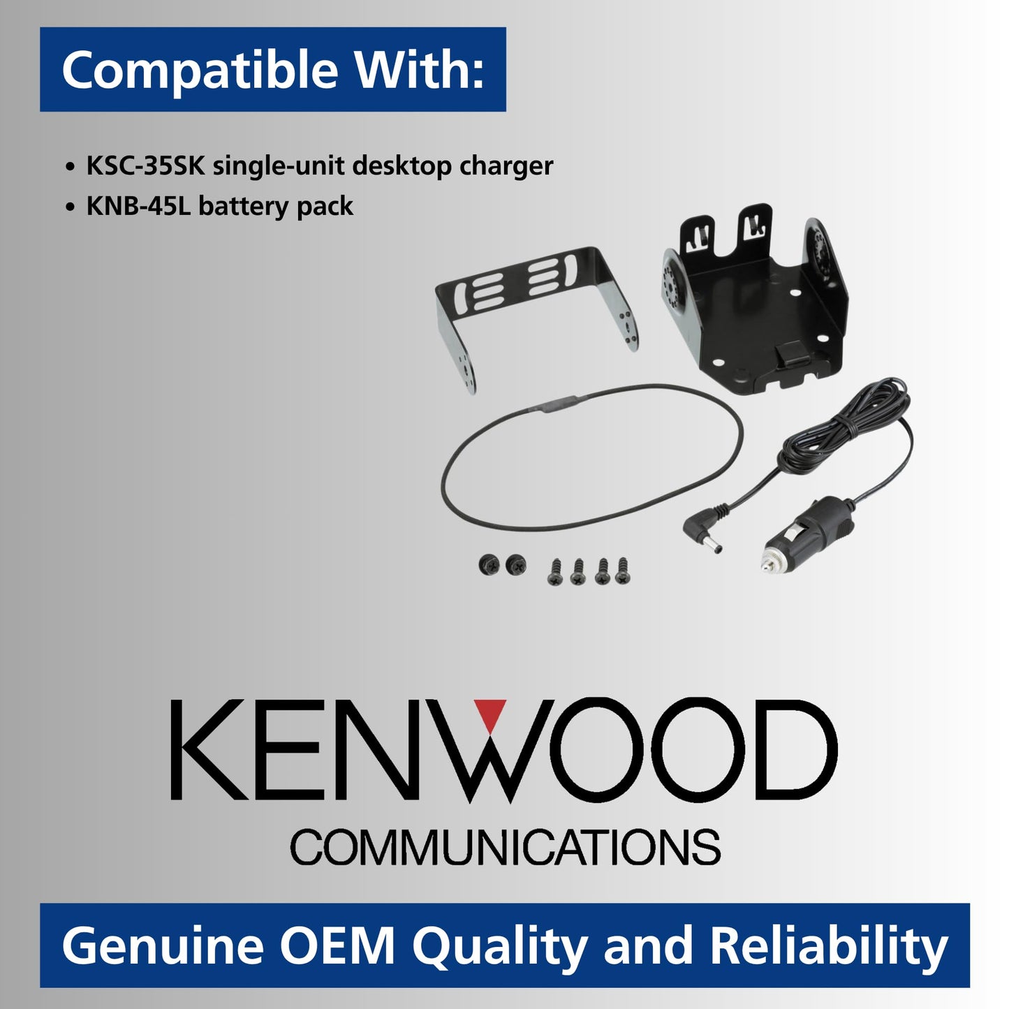 KENWOOD KVC-22 Vehicle Charger Adapter – 12V DC Mount for KSC-35/35S, Charges KNB-45L Battery or Radio, Bracket with DC Cable, Safety Bungee, Mounting Hardware, OEM